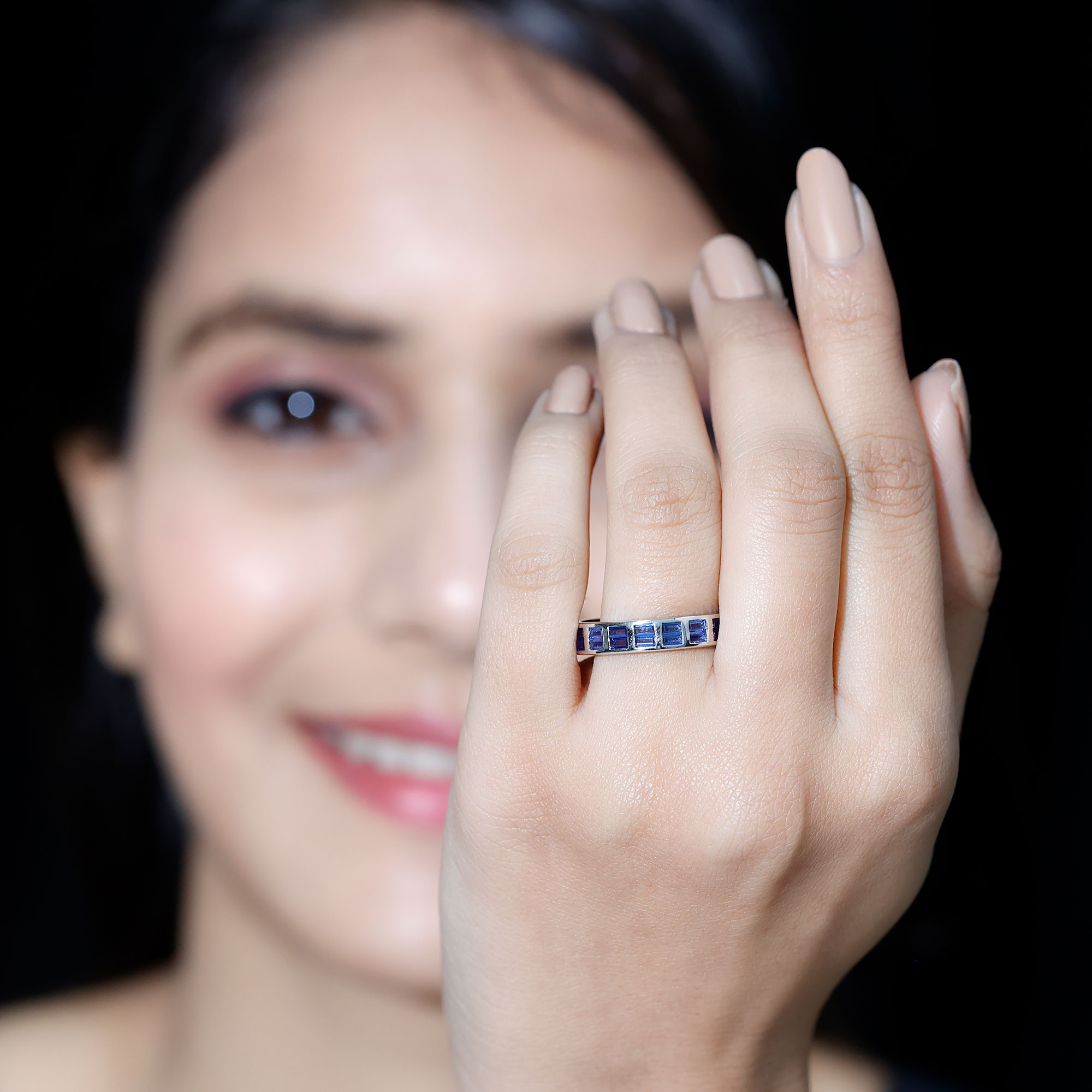 thumbnail video image 2 of Rosec Jewels Lab Grown Blue Sapphire Eternity Ring Band for Women - Sapphire Anniversary Band - AAAA Quality Certified, 925 Sterling Silver, US 4.00, 2 of 8