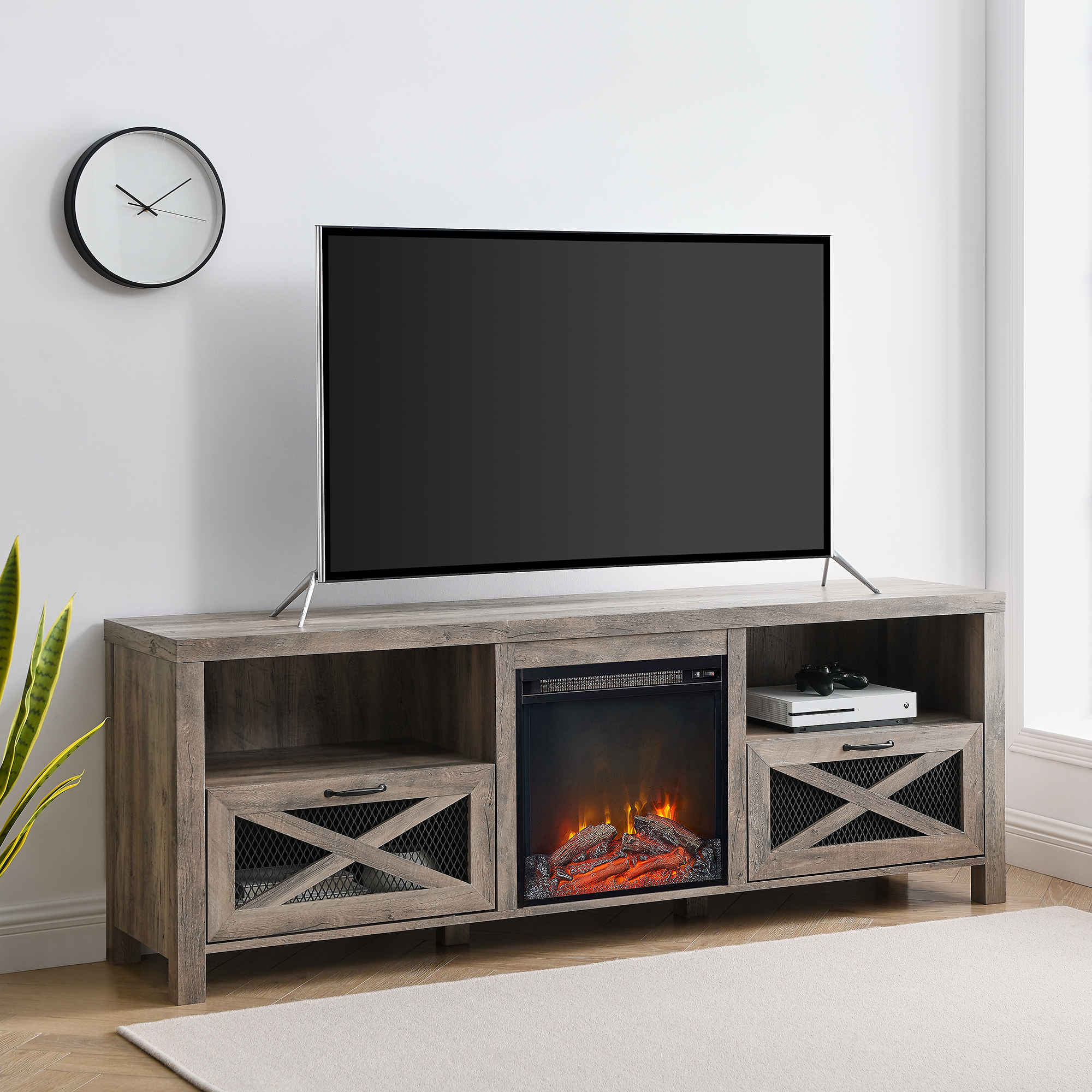 thumbnail video image 2 of Walker Edison Farmhouse Fireplace TV Stand for TVs up to 85", Grey Wash, 2 of 12