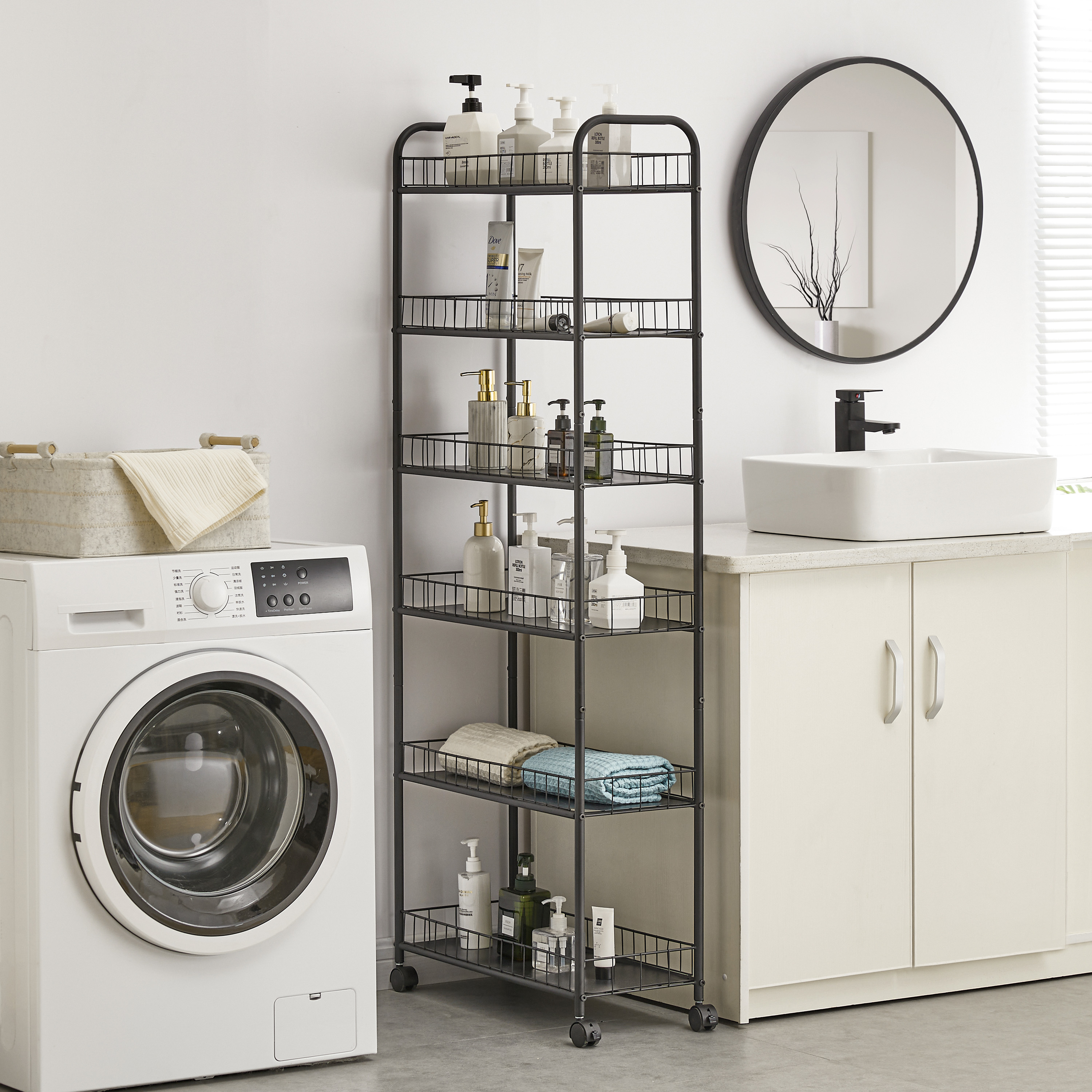 thumbnail video image 2 of JRHRXXY 6 Tier Slim Rolling Cart,Metal Kitchen Cart with Lockable Wheels & Baskets,10" Narrow Storage Shelf for Kitchen,Bathroom,Laundry,Small Space, 2 of 10