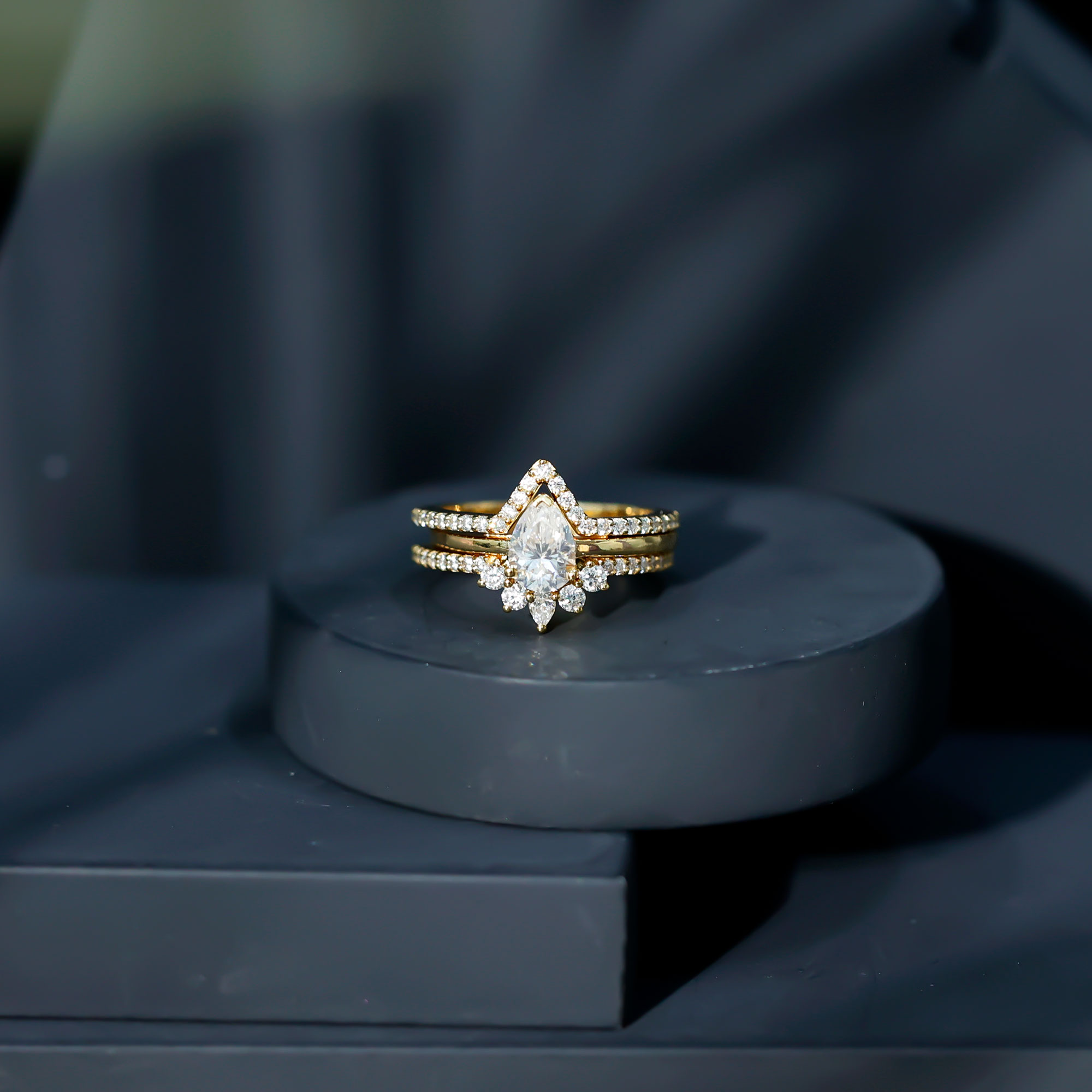 thumbnail video image 2 of Rosec Jewels Moissanite Wedding Ring Set of 3 - Teardrop Engagement Ring with Enhancer - D-VS1 Quality, 18K Yellow Gold, US 11.00, 2 of 8