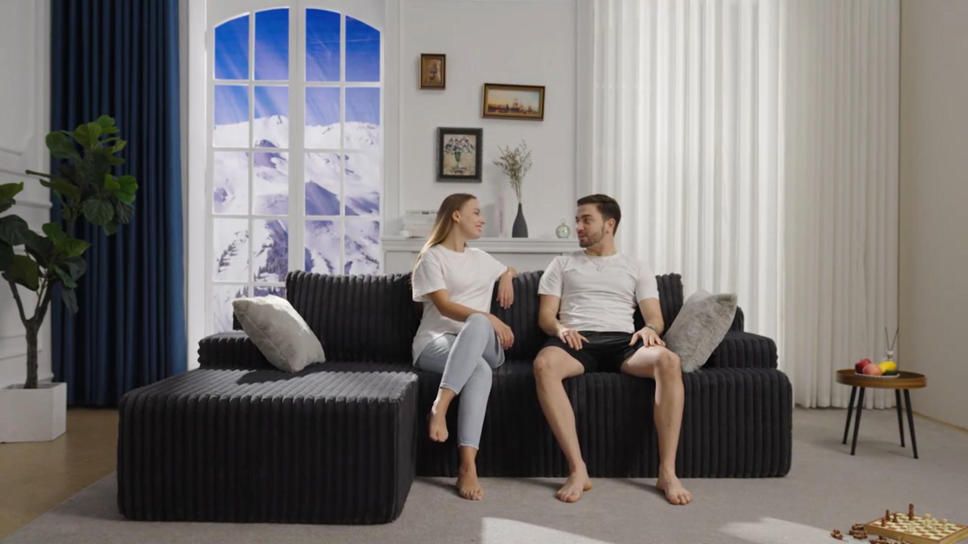 thumbnail video image 2 of Modular Sectional Sofa Couches L-Shape Couch 3 Seat Modular Sofa Memory Foam Sectional Couches for Living Room, Cloud Couch with Oversized Chaise (Grey, Stripe (Left Facing Chaise)), 2 of 9