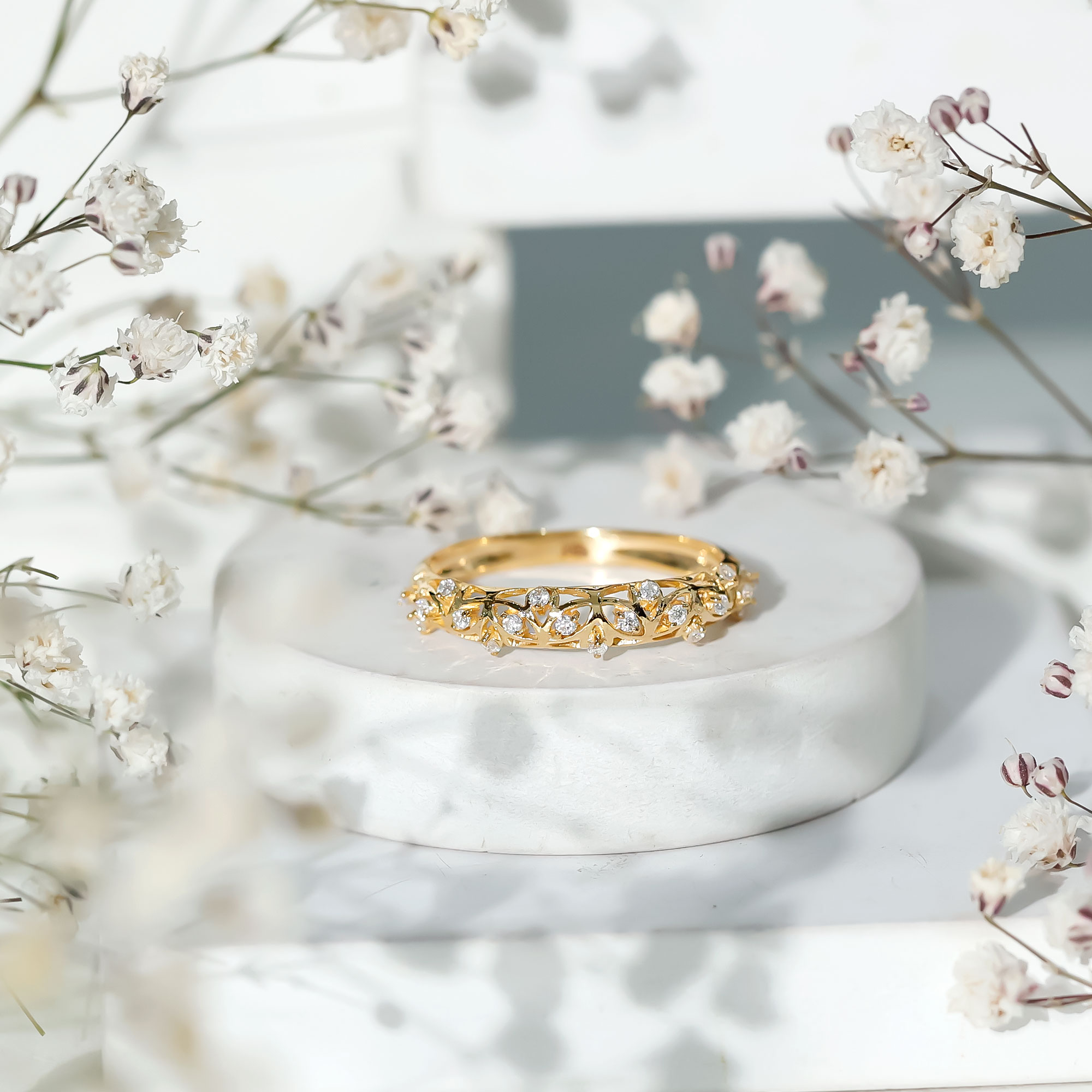 thumbnail video image 2 of Rosec Jewels Moissanite Half Eternity Band - Filigree Wedding Band for Women - D-VS1 Quality Certified, 10K Yellow Gold, US 3.50, 2 of 9