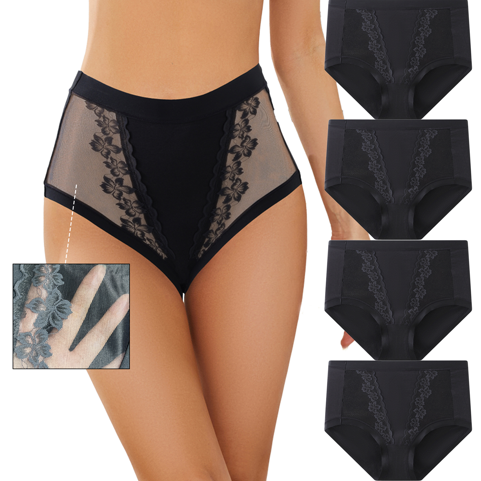 thumbnail video image 2 of 4 Pieces See-Through Lace Jacquard High-Waisted Women's Underwear High-Waisted Underwear Soft And Comfortable Stretch Underwear, 2 of 7