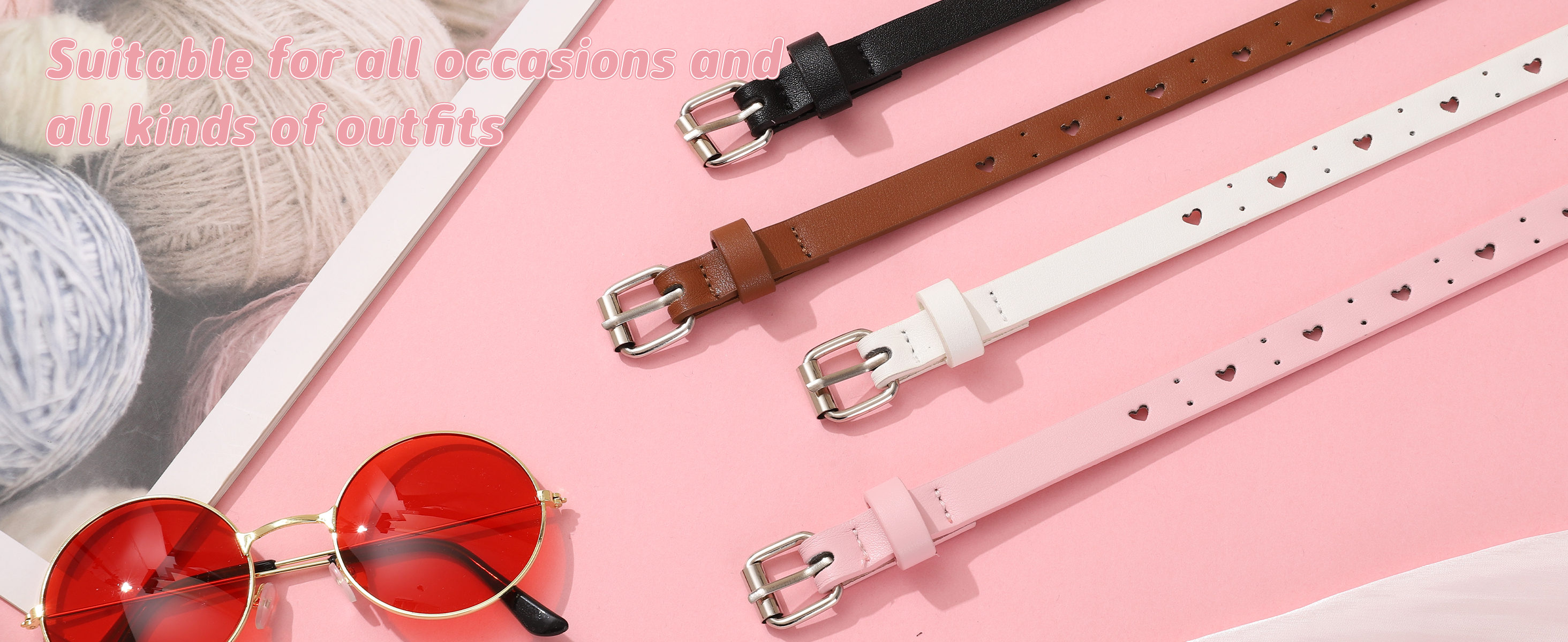 thumbnail video image 2 of AWAYTR 4PCS Kids PU Leather Belts for Girls, Heart Shape Metal Buckle, Adjustable Hole Design, Cute Skinny Belt for Uniform Dress Jeans Casual Wear, 2 of 8