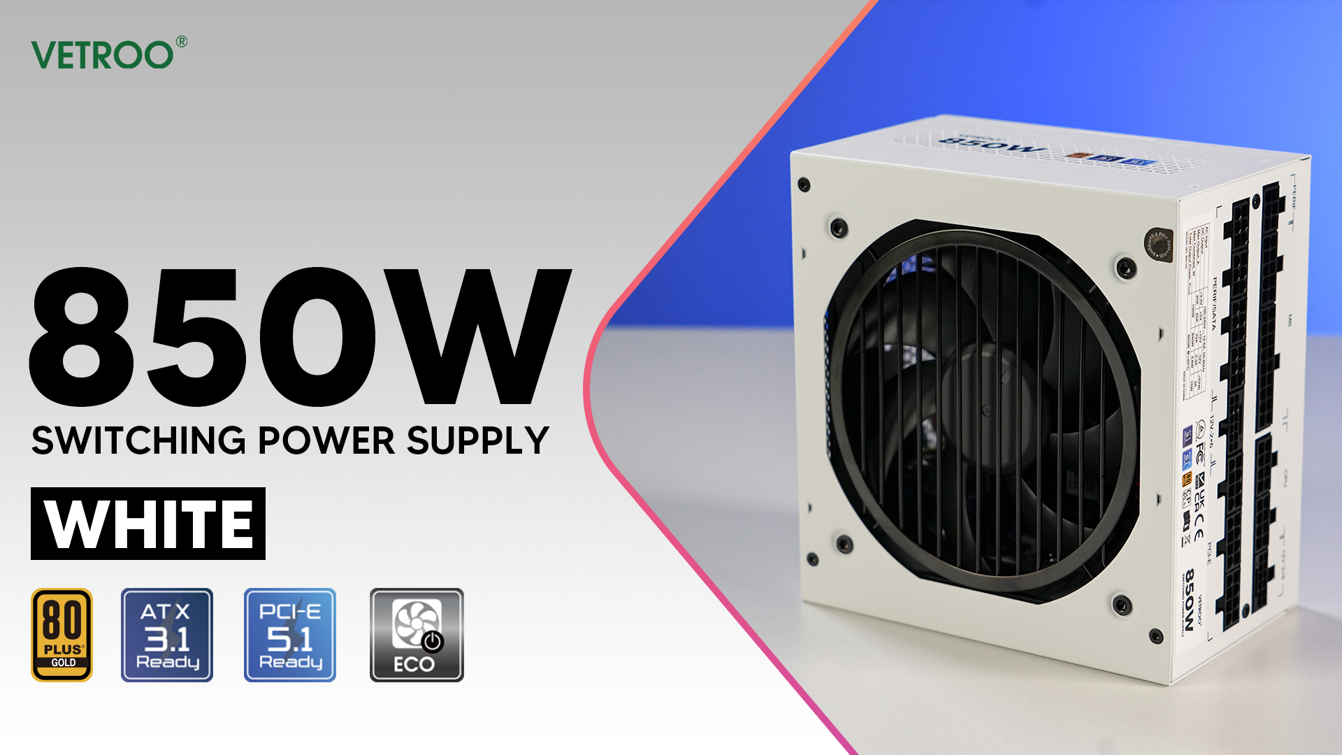 thumbnail video image 2 of Vetroo 850W Power Supply Dual PCIe 5.1 ATX 3.1 Ready, 80 Plus Gold Full Modular, Quiet Operation with 120mm FDB Fan, 10-Year Warranty - White, 2 of 10