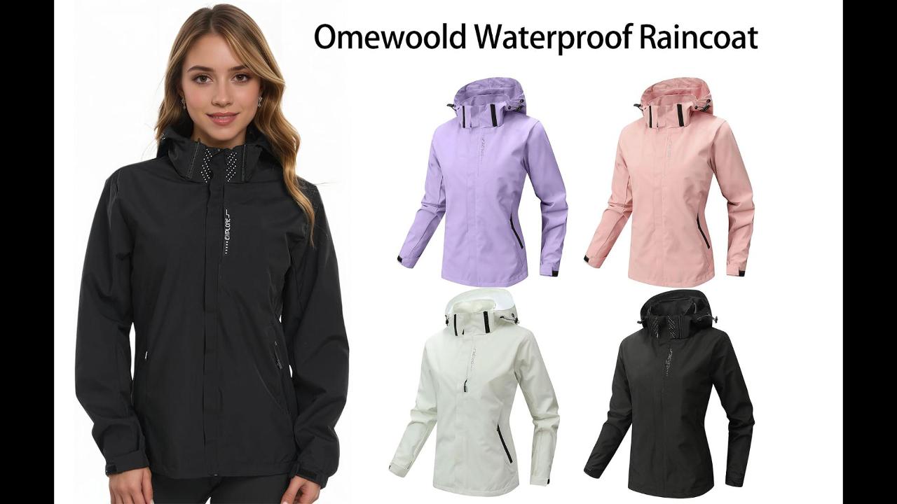 thumbnail video image 2 of Omewoold Women Lightweight Jackets Waterproof Hooded Raincoat Packable Atheletic Jacket Hiking Windbreaker Rain Jacket With Pockets, Black 2XL, 2 of 10