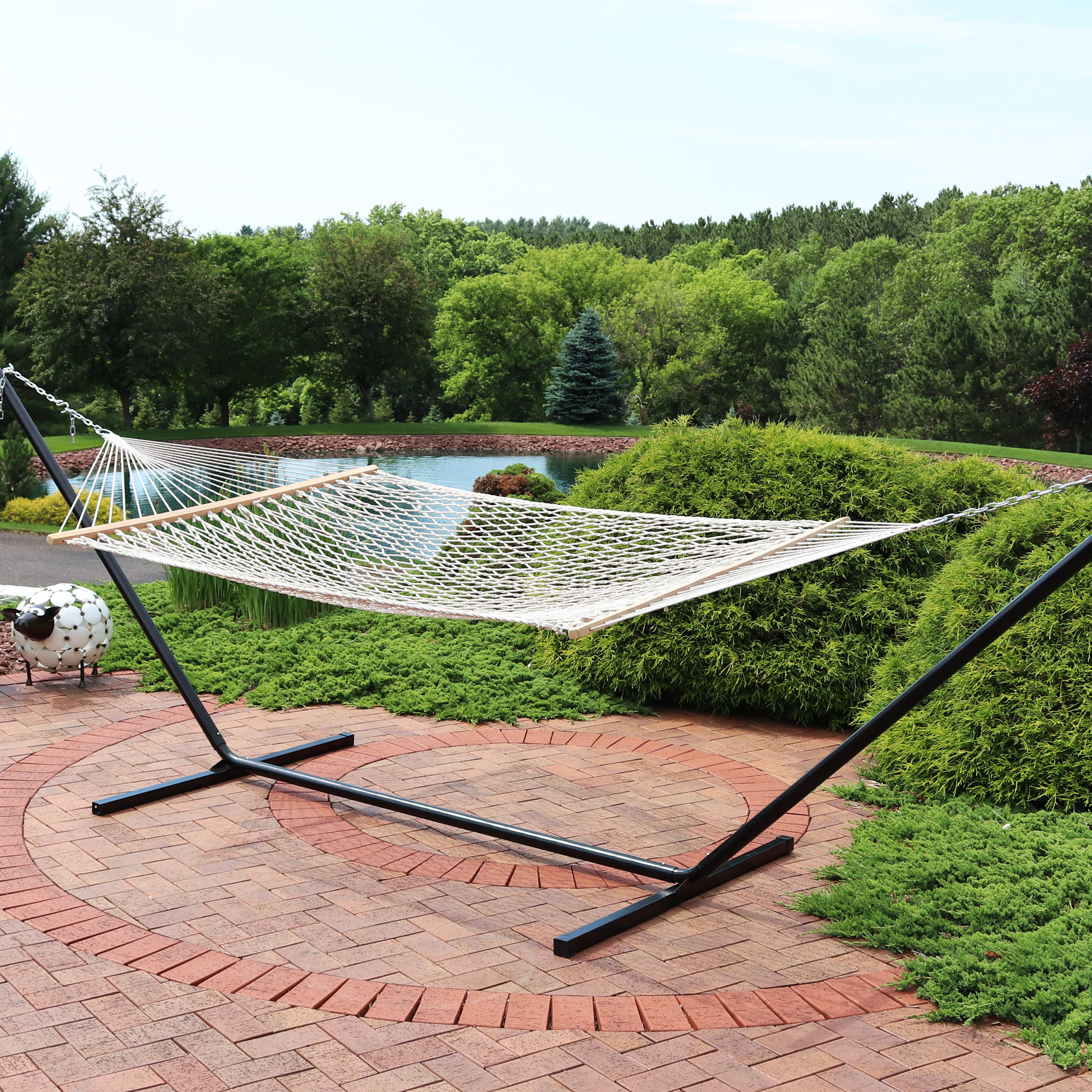 thumbnail video image 2 of Sunnydaze 2-Person Polyester Rope Spreader Bar Hammock with Stand, 400 lb Capacity - Cream, 2 of 9