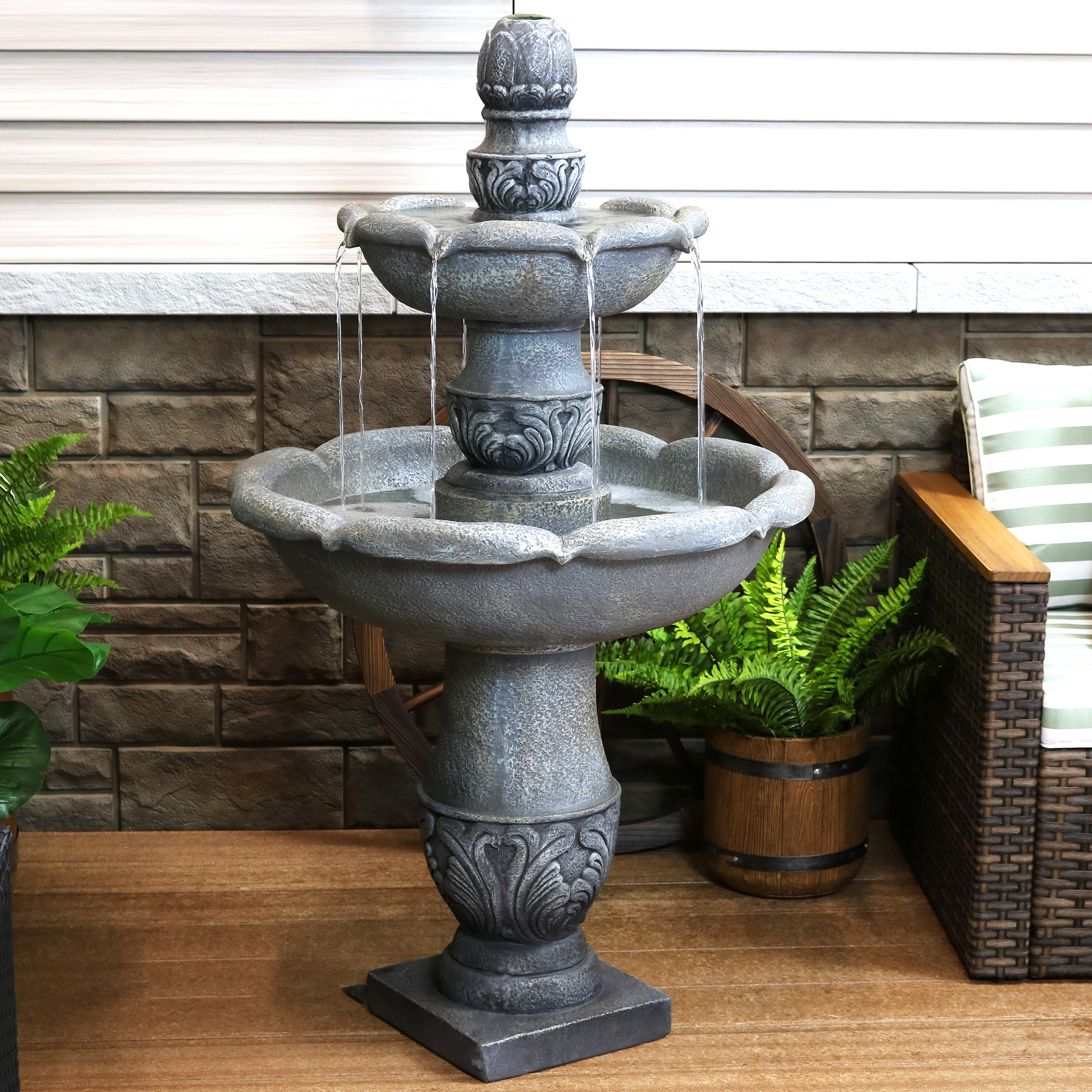 thumbnail video image 2 of Sunnydaze French Garden Gray Traditional Reinforced Concrete 2-Tier Outdoor Water Fountain, 2 of 14