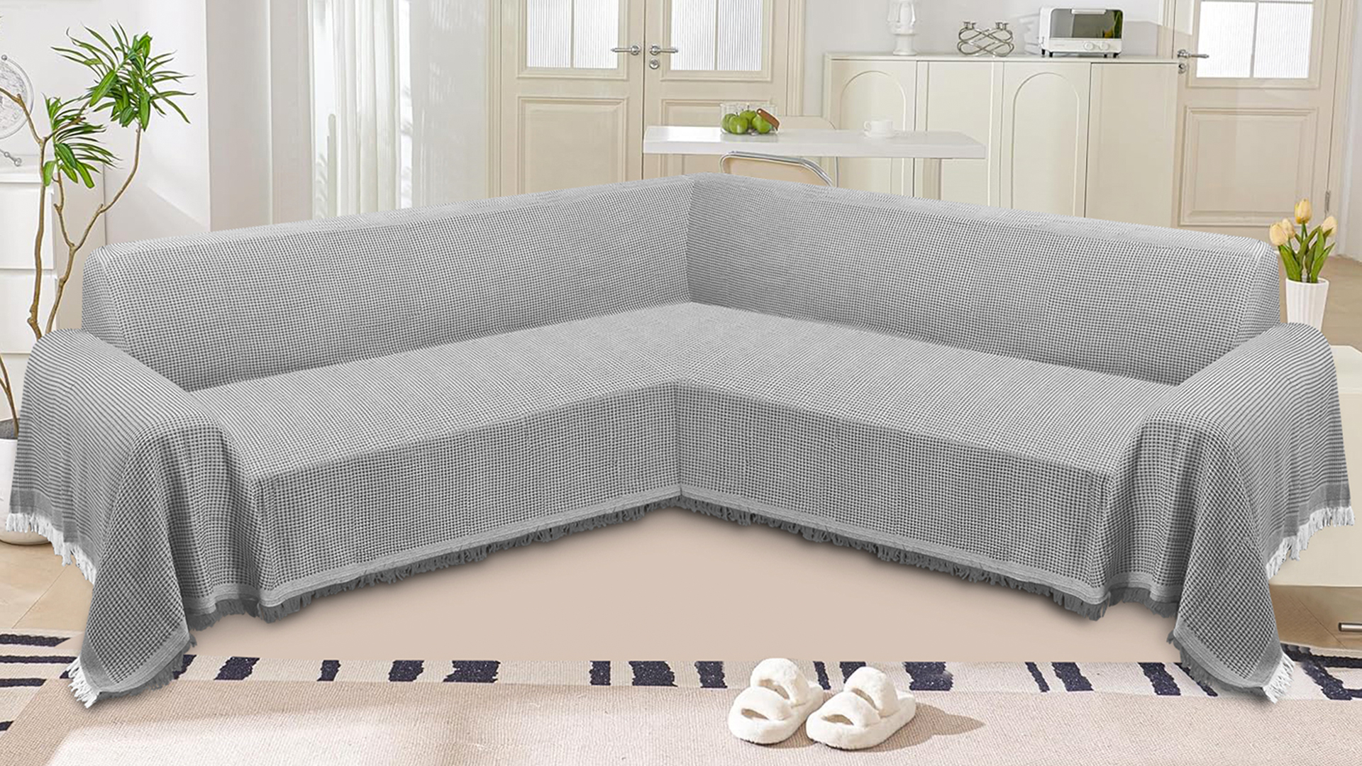 thumbnail video image 2 of HDCAXKJ Washable L Shape Sofa Covers Reversible Sectional Couch Covers Corner Sofa Slipcovers Blankets Sofa Cover for Living Room Home Decor,91"x252",Avocado Green, 2 of 10