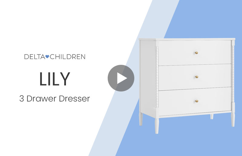 thumbnail video image 2 of Delta Children Lily 3 Drawer Dresser with Interlocking Drawers, Bianca White, 2 of 14