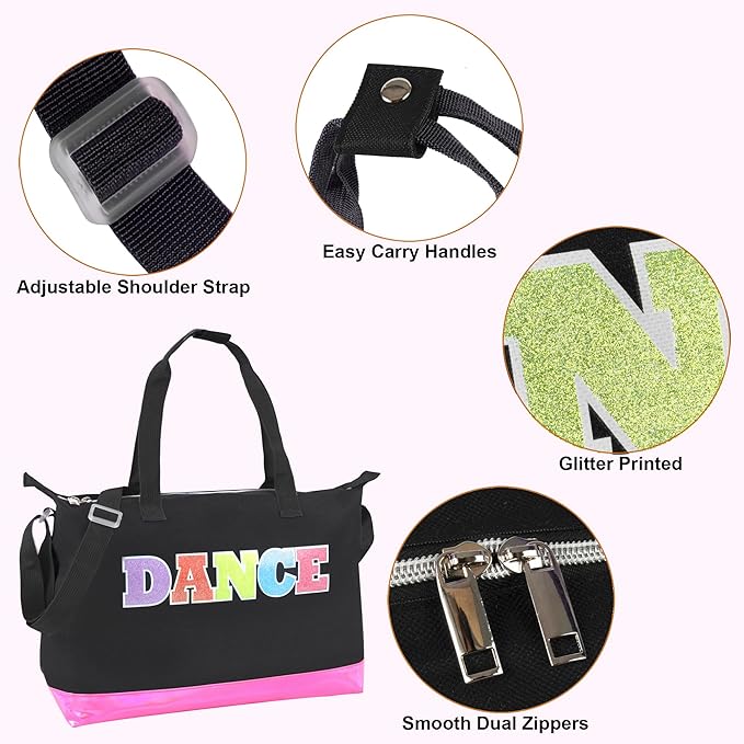 thumbnail video image 2 of MADISON & DAKOTA Girls Dance Duffle Bag for Ballet, Dance, Dancewear, Clothing, Dresses, Skirts, Tutus, Tights, Stockings, Shoes and Accessories in Black with Glitter and Tote Straps, 2 of 7