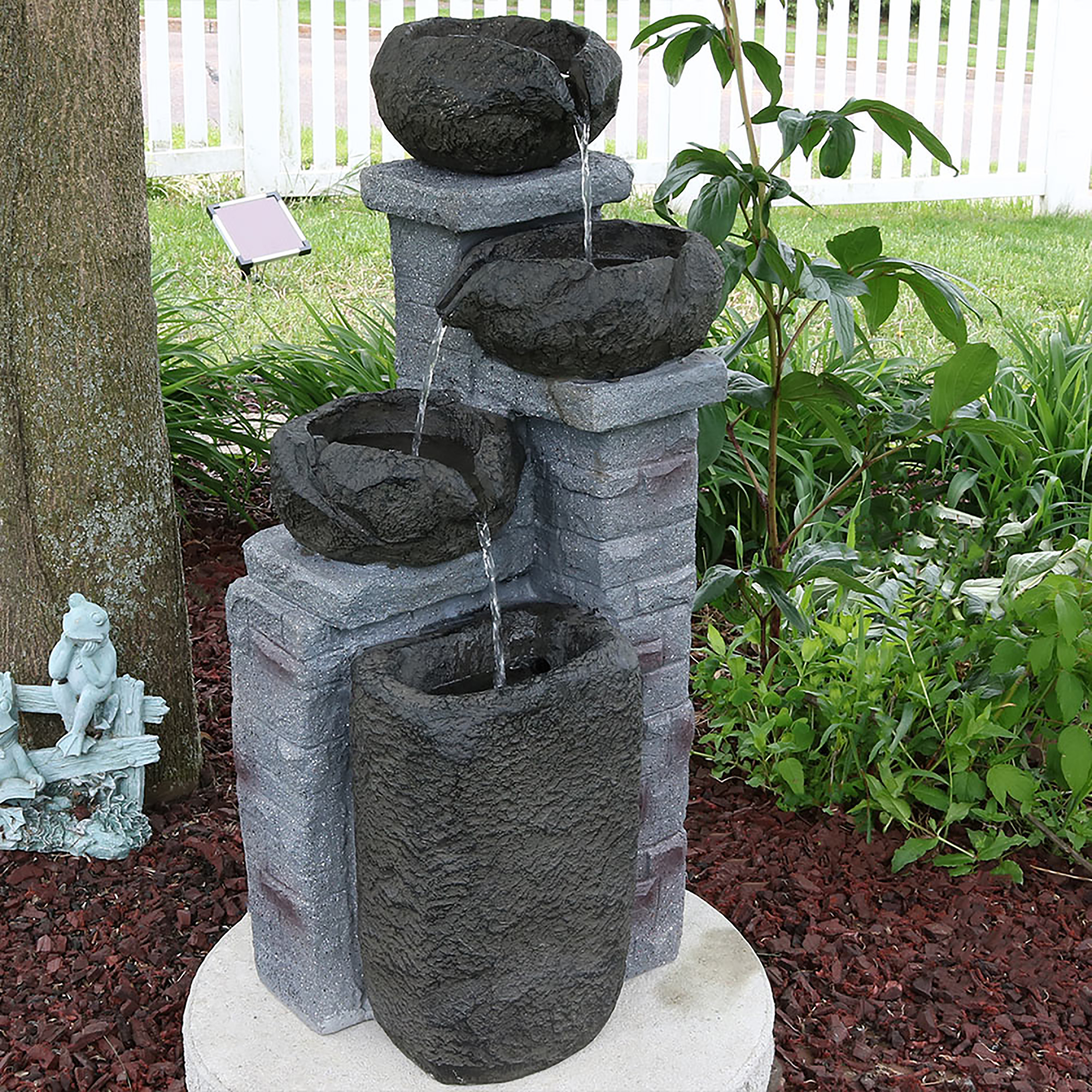 thumbnail video image 2 of Sunnydaze Cascading Stone Bowls Contemporary Gray Polyresin Solar Fountain with LEDs, 2 of 15