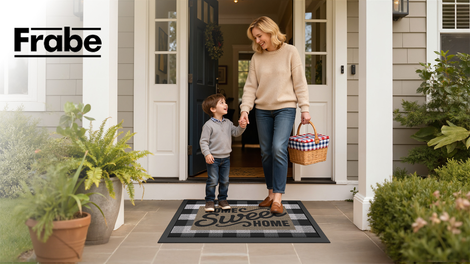 thumbnail video image 2 of Frabe Outdoor Entrance Rug, Low Profile Welcome Mat with Sweet Home Design, Non-Slip Rubber Backing and Durable Scraper for Front Door Patio, Black 36"x59", 2 of 10
