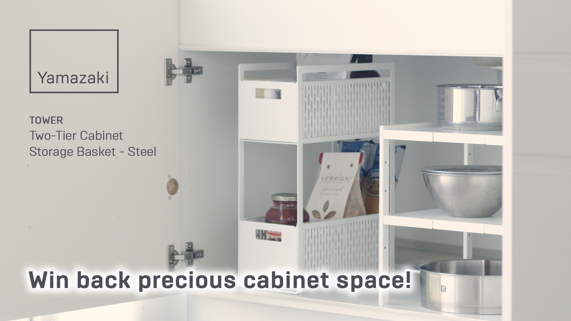 thumbnail video image 2 of Yamazaki Home Two-Tier Cabinet Storage Basket, Black, ABS Plastic, Divider, 2 of 8