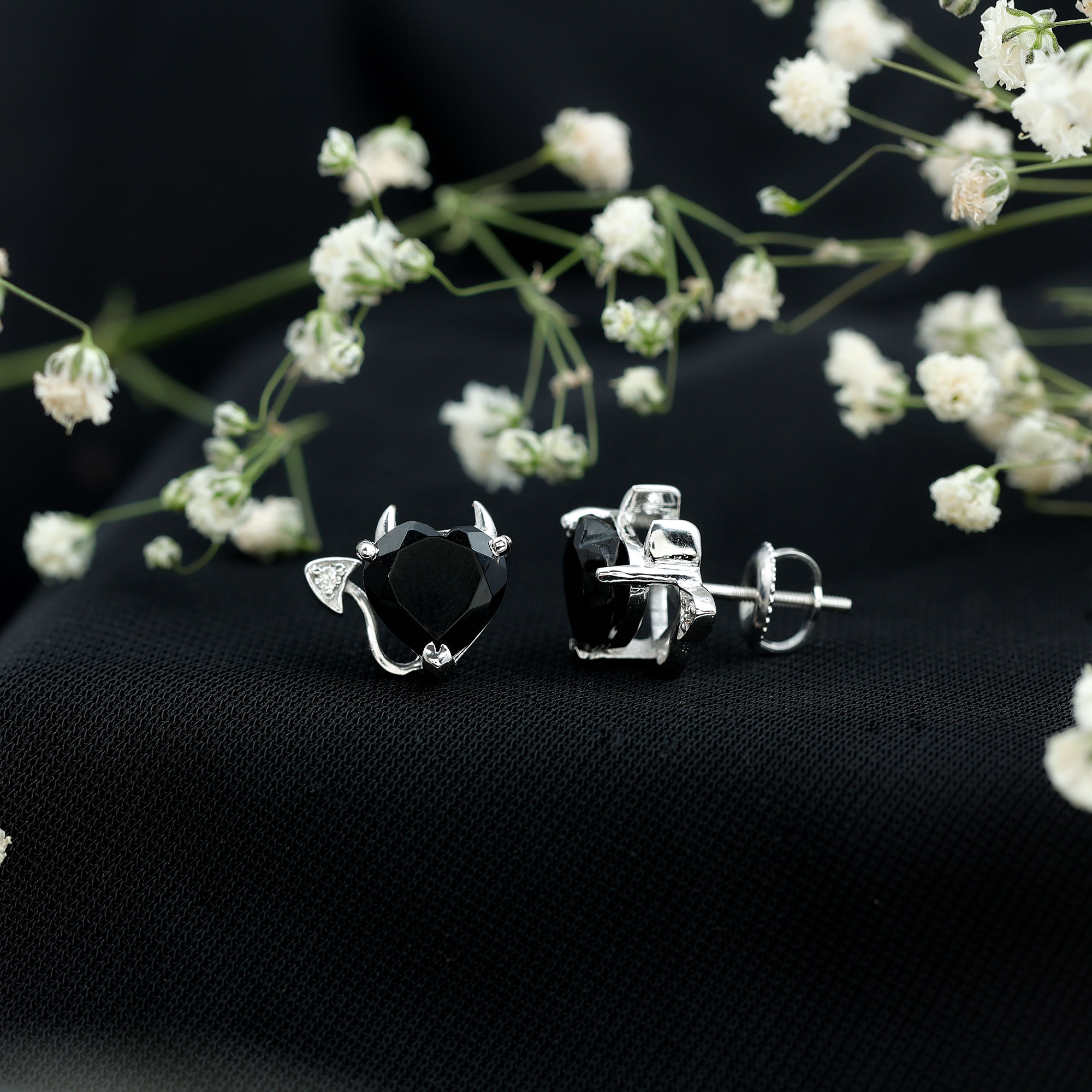 thumbnail video image 2 of Rosec Jewels Lab Grown Black Diamond Heart Stud Earrings (8 mm, AAAA Grade) - Devil Heart Earrings with Black and White Diamond, 18K White Gold, 2 of 8