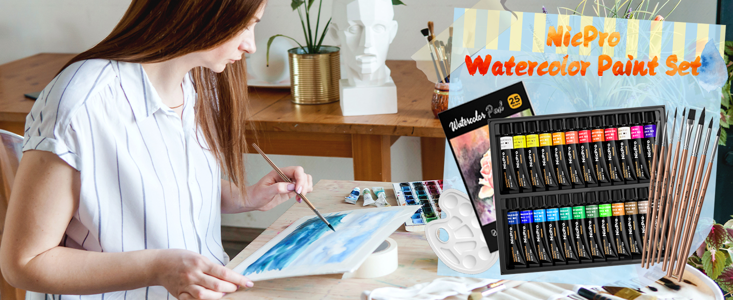 thumbnail video image 2 of Nicpro 60Pcs Watercolor Paint Kit, Professional Painting Supplies Set 24 Tube Watercolor Paints, 8 Synthetic Squirrel Brushes, 25 Paper Pad, Palette, Color Wheel, 2 of 8