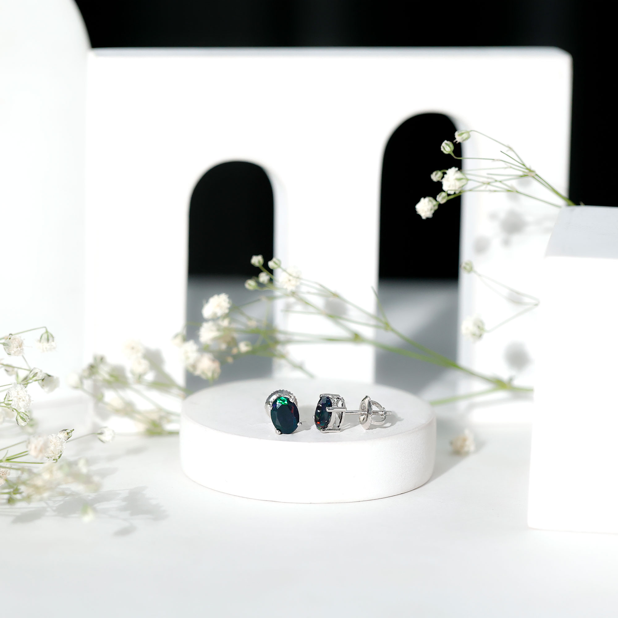 thumbnail video image 2 of Rosec Jewels Solitaire Stud Earrings with Oval Shaped Black Opal for Women - 5X7 mm - 1.75 CT, 14K Yellow Gold, 2 of 7