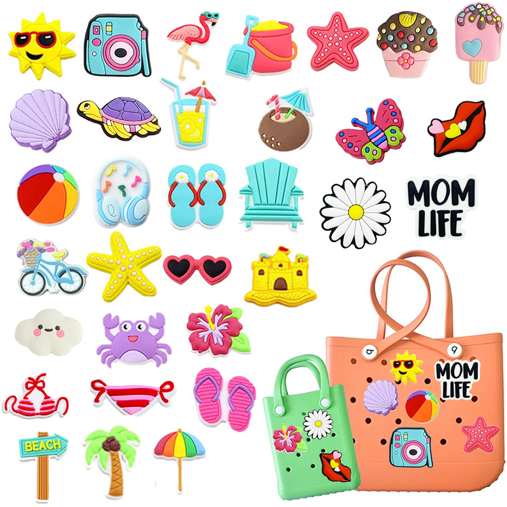thumbnail video image 2 of 32Pcs Bag Charms for Bogg Bag, Sunshine beach bikini Cute Charms Decoration Accessories, Bag Charms for Bogg Bag Rubber Tote Beach Bags, 2 of 7