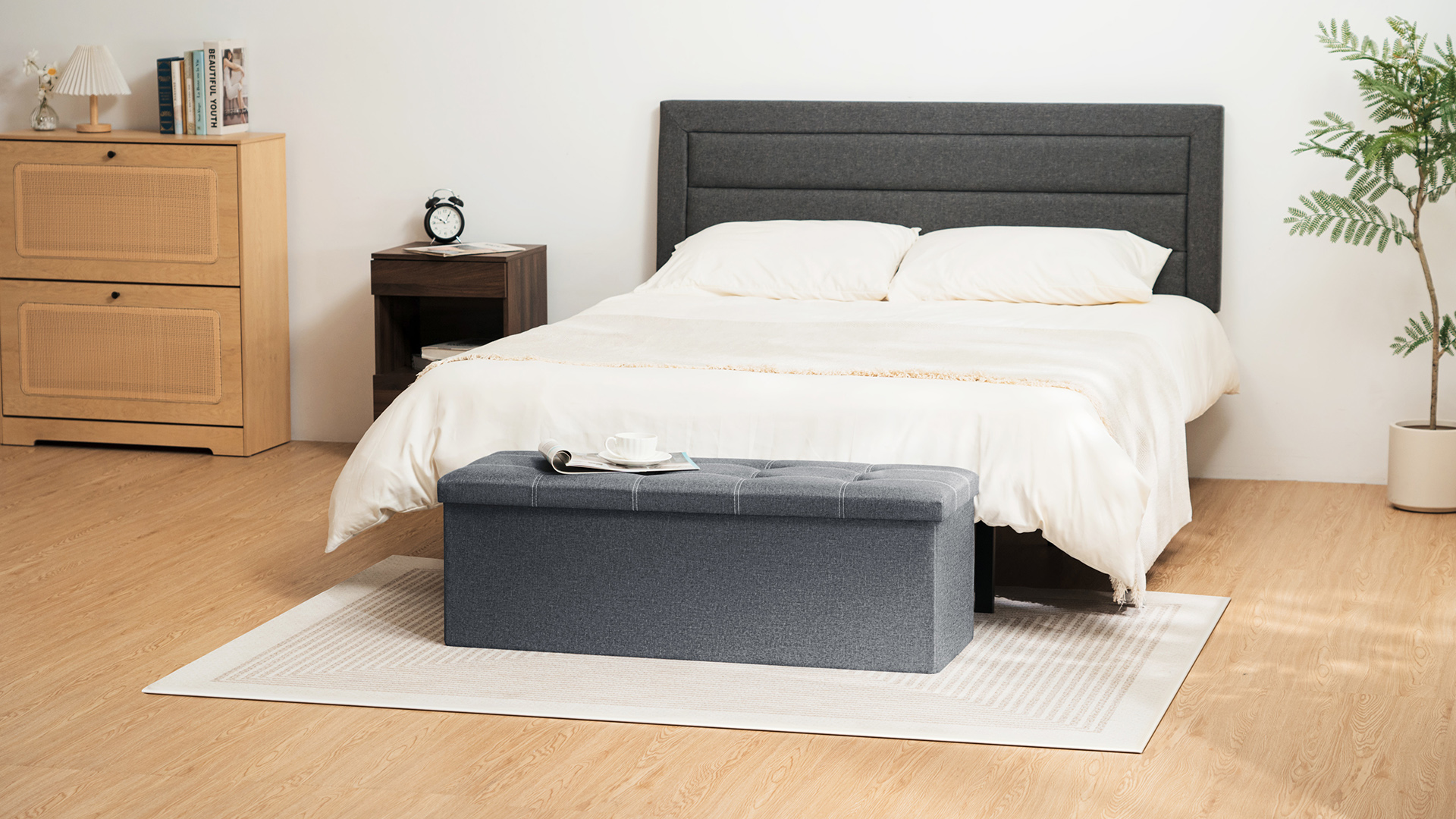 thumbnail video image 2 of Lusimo 43" Storage Ottoman Bench with Divider, Multifunctional Foot Stool, Toy Chest & Shoe Bench for Bedroom, Living Room, and Entryway, Foldable Storage Chest with Seating, Light Gray, 2 of 11
