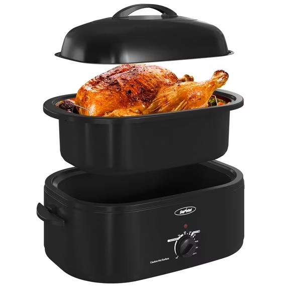 thumbnail video image 2 of Royalcraft 18 Quart Roasting Oven with Self-Basting Lid Removable Pan, 150 to 450F Temperature Control Cool-Touch Handles, Black, 2 of 9