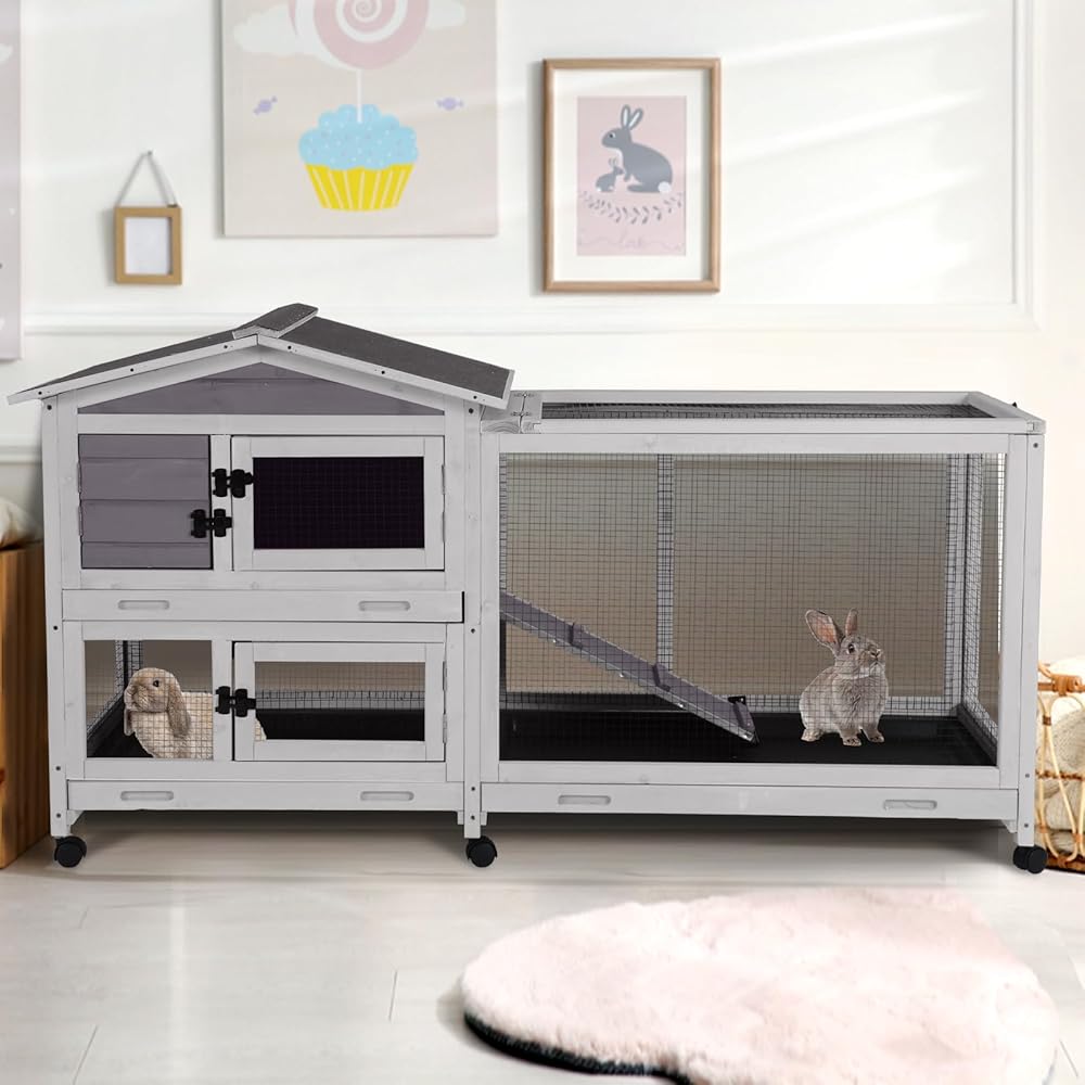 thumbnail video image 2 of AIVITUVIN Outdoor Rabbit Hutch Indoor Bunny on Wheels Large Guinea Pig Cage with Run for Any Small Animals,Removable Pull Out Tray, 2 of 7