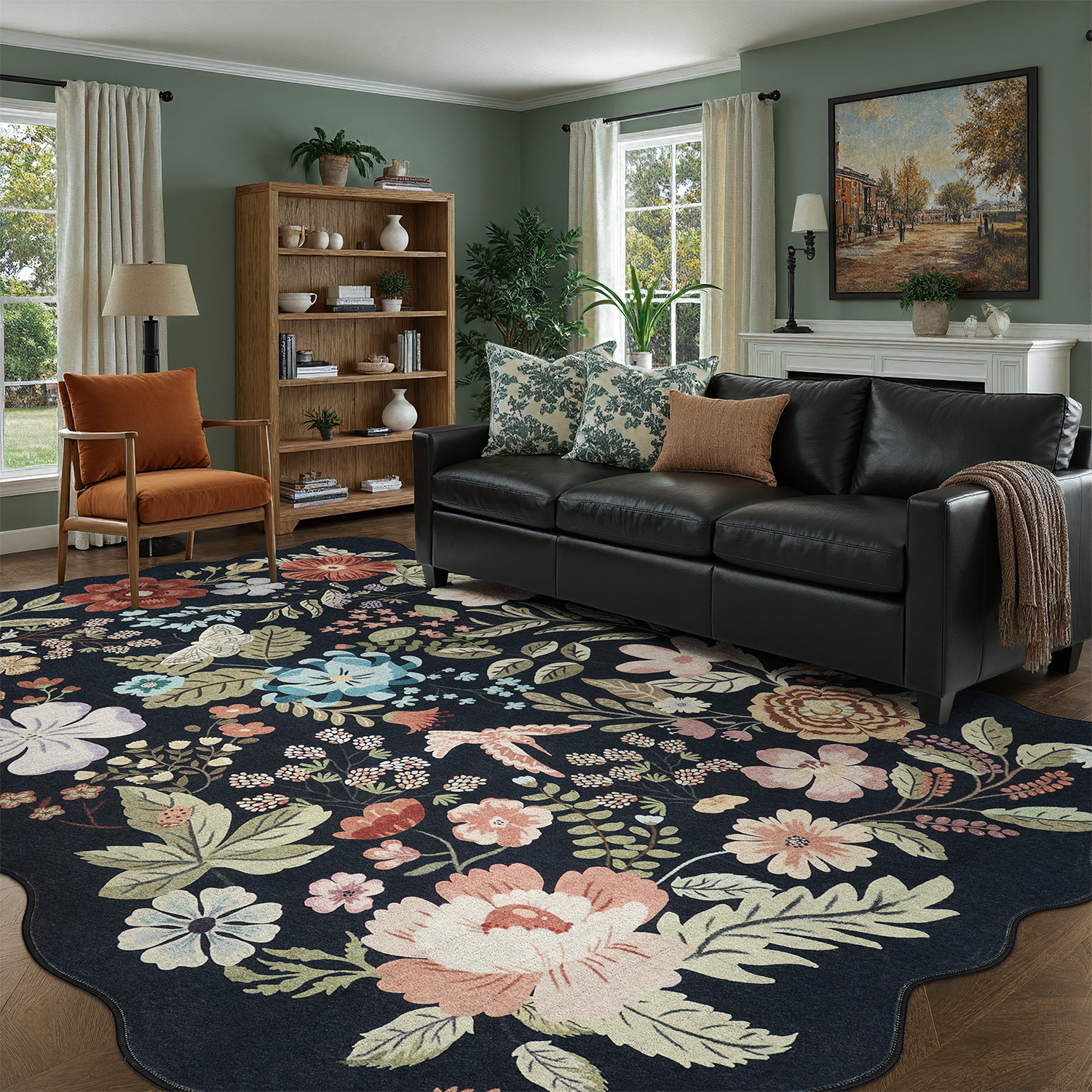 thumbnail video image 2 of 2x6 Runner Rug, Washable, Non-Slip, Stain-Resistant Low-Pile Vintage Floral Scalloped Rug for Kitchen, Entryway, Passage, -Black, 2 of 8