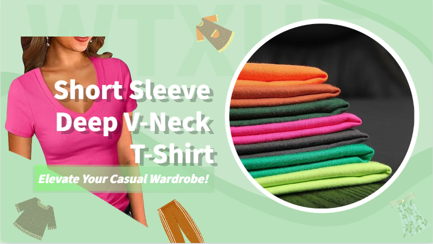 thumbnail video image 2 of WTXUE T-Shirts Short Sleeve, Deep V-Neck Shirts for Women's Deep V Neck T Shirt Cotton Solid | Casual for Women Blue M, 2 of 7