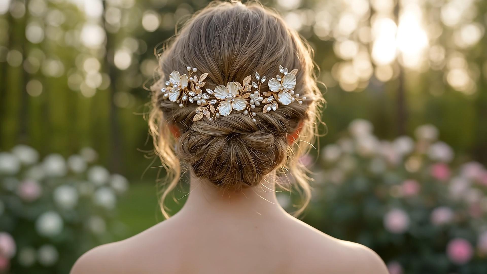 thumbnail video image 2 of MIALLO Boho Wedding Hair Accessory - Ceramic Flower & Gold Leaf Headband for Bride - Rustic Hair Jewelry, 2 of 7