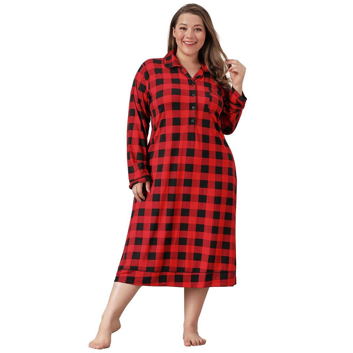 thumbnail video image 2 of ebukurty Plus Size Nightgowns for Women Soft Long Sleeved with Pockets Red Checkered Nightshirts, Sizes 1XL-4XL, 2 of 12