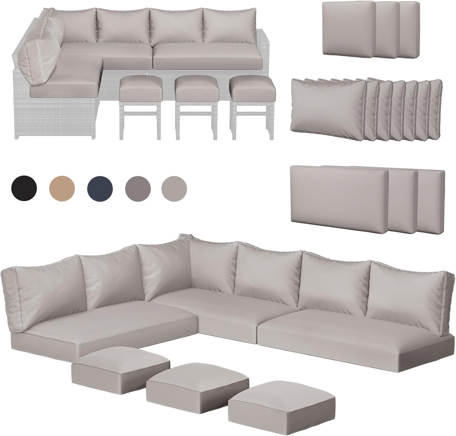 thumbnail video image 2 of AECOJOY Outdoor 13-Piece Replacement Cushions for Patio Furniture, 4-Inch Memory Foam Cushions for 7-Seat Sectional Rattan Conversation Set, Splash-Resistant Covers, Dark Grey, 2 of 9