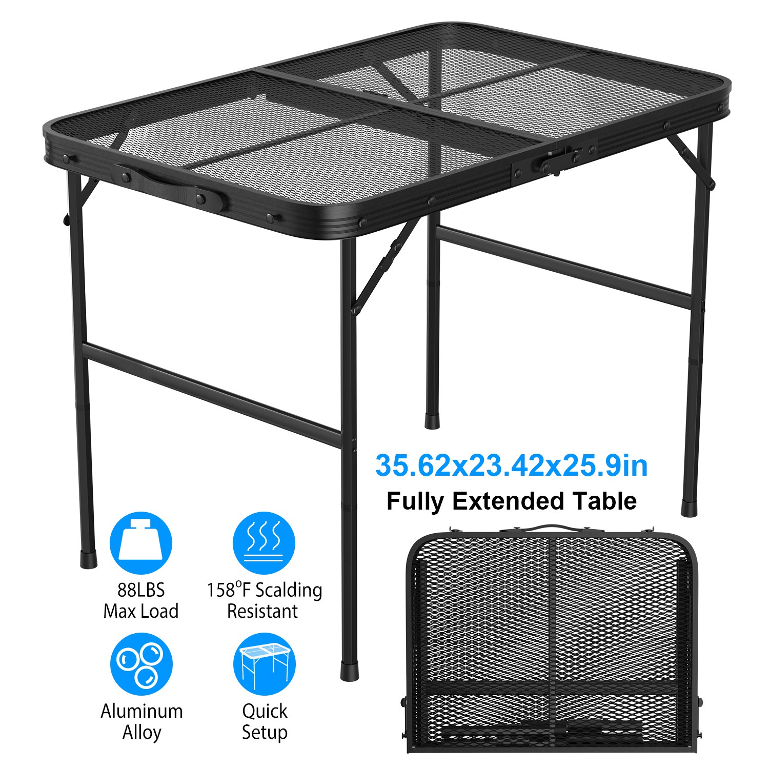 thumbnail video image 2 of Outdoor Table Camping Table, 35.62in Collapsible Grill Table Aluminum Alloy Height Adjustable 88LBS Max Load BBQ Table with Carry Handle for Camping Picnic, 2 of 13
