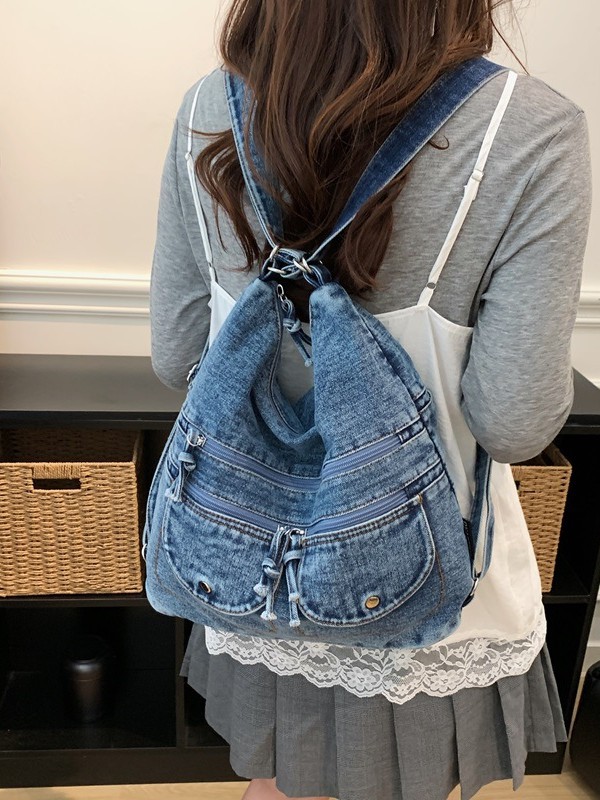 thumbnail video image 2 of Sunyuer Women Vintage Washed Denim Hobo Bag, Multi Pocket Convertible Shoulder Tote, Casual Denim Crossbody Backpack with Adjustable Strap, Large Capacity Daily Shopper Handbag, 2 of 8