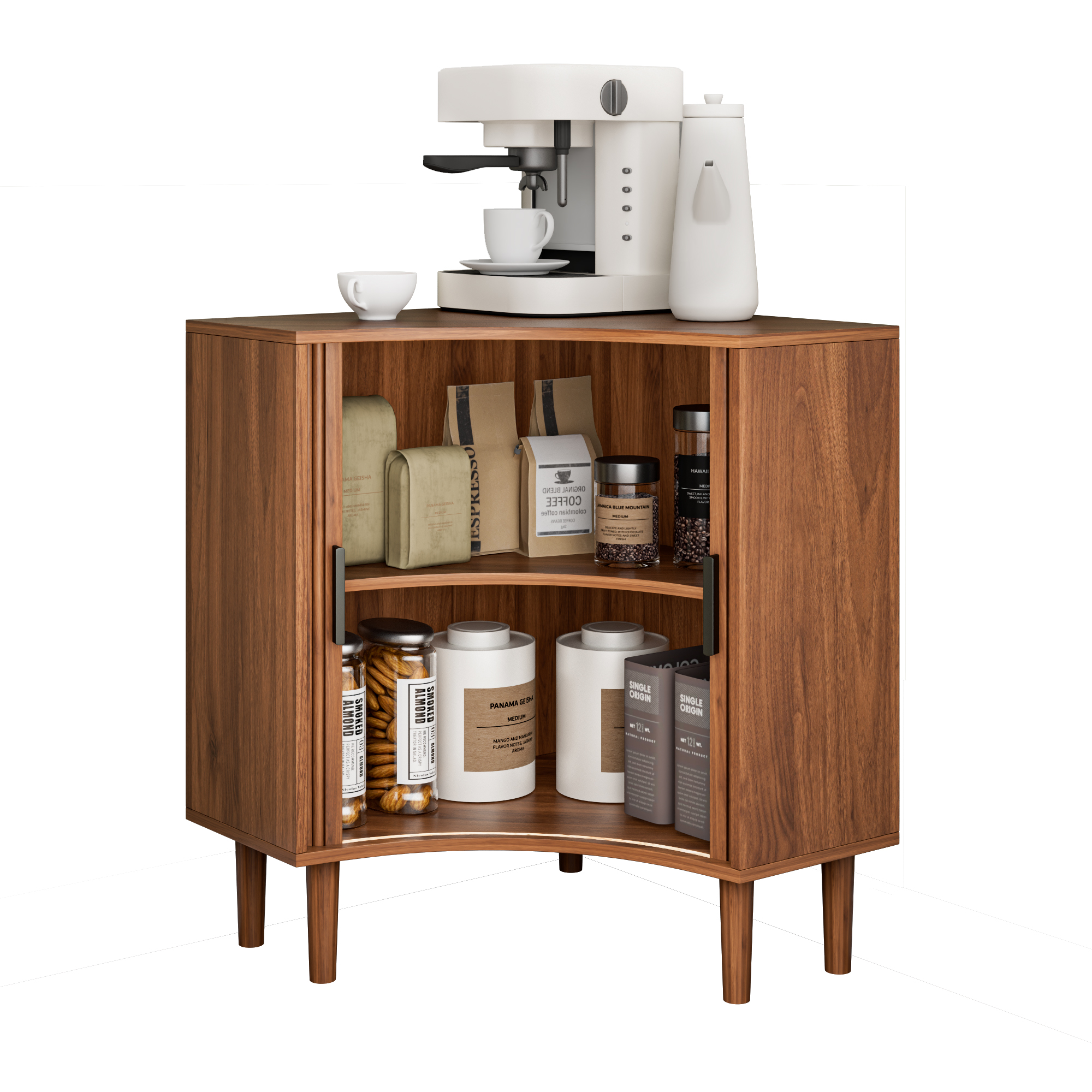 thumbnail video image 2 of Modern Mid Century Corner Storage Cabinet, Fluted Corner Floor Cabinet with Sliding Doors and Adjustable Shelf, Freestanding Small Organizer for Living Dining Room, Walnut, 2 of 8