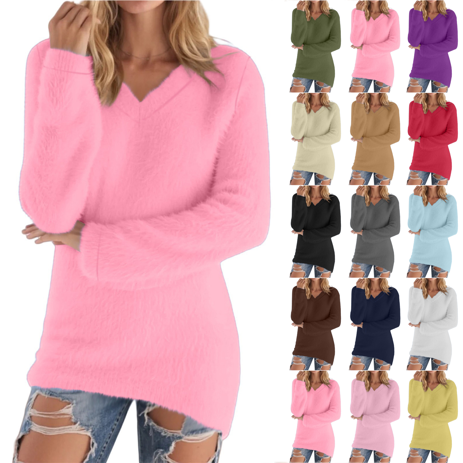 thumbnail video image 2 of Otntypg Plus Size Womens Fluffy Fuzzy Jumper Sweater Winter Plush Thick Warm Long Sleeve V Neck Fleece Pullover Tops Fashion Oversized Soft Cozy Thermal Sweaters Red S, 2 of 9