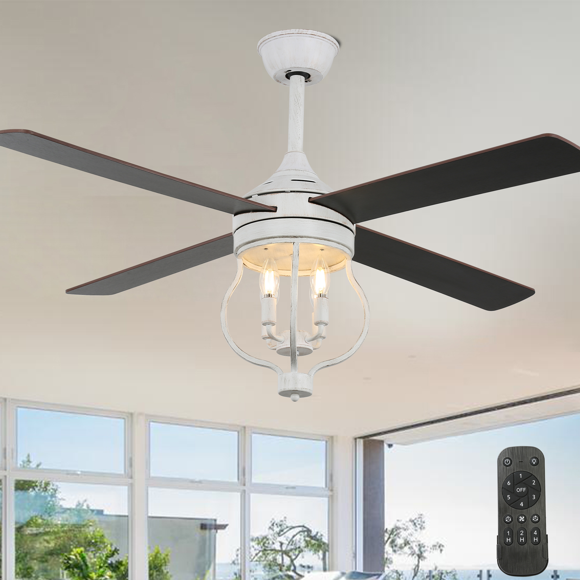 thumbnail video image 2 of 48" Industrial Ceiling Fan with Remote Control 6 Speed 4 Reversible Blades Downrod Fan Bulbs Not Included, 2 of 12