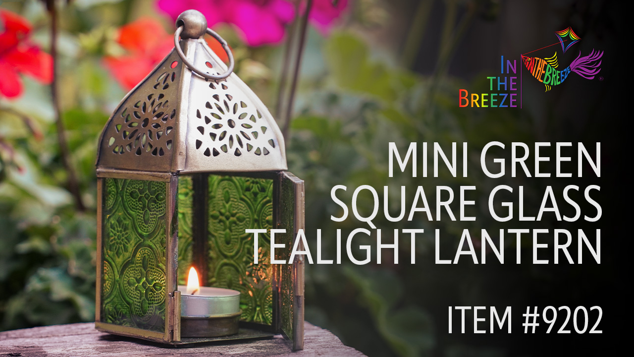 thumbnail video image 2 of In the Breeze 9202 — Green Mini Square Tealight Lantern — Moroccan-Style Boho Chic Tealight Glass and Metal Tabletop Lantern, 2 of 6