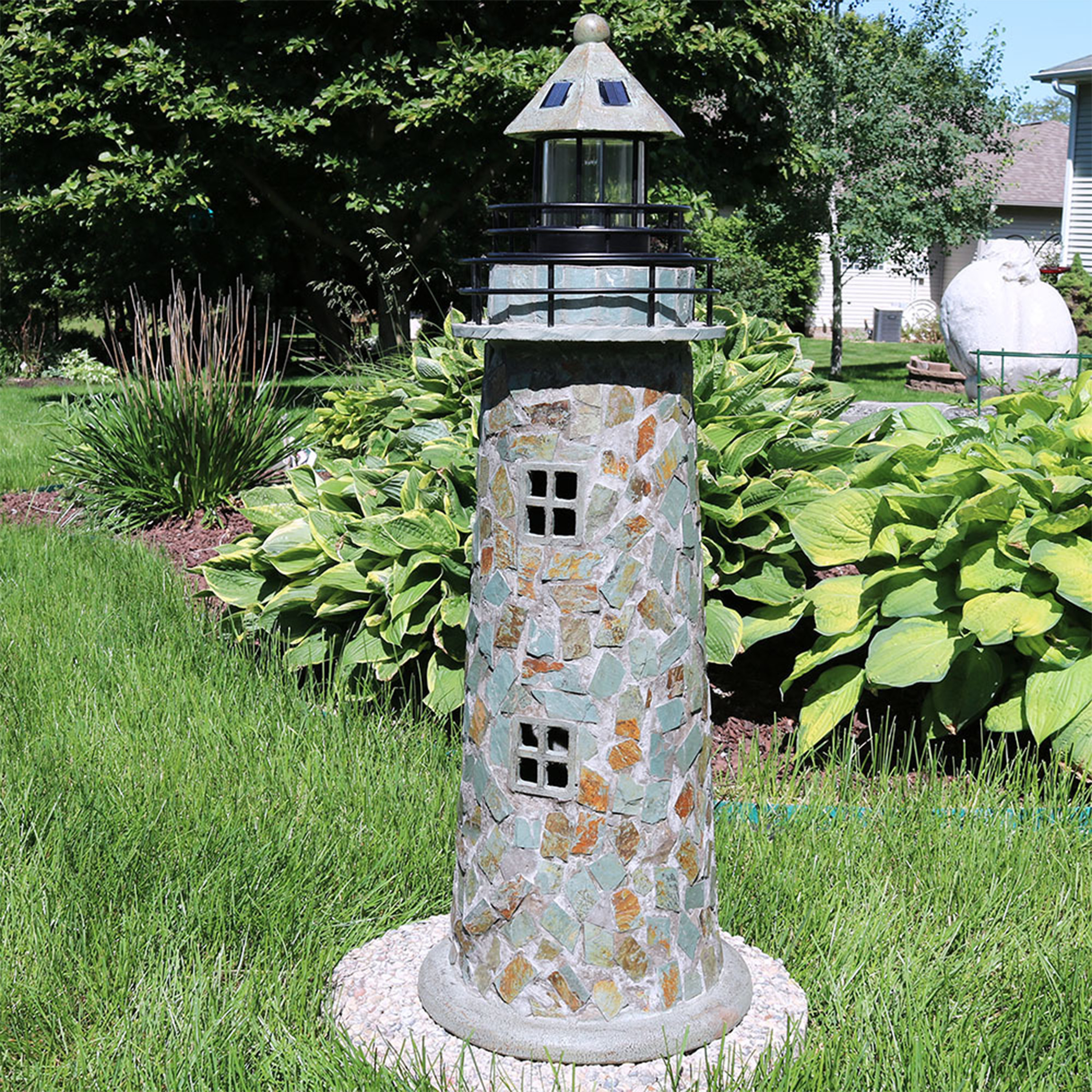 thumbnail video image 2 of Sunnydaze Decorative Cobblestone Solar Resin Lighthouse with LED Lights, 2 of 9