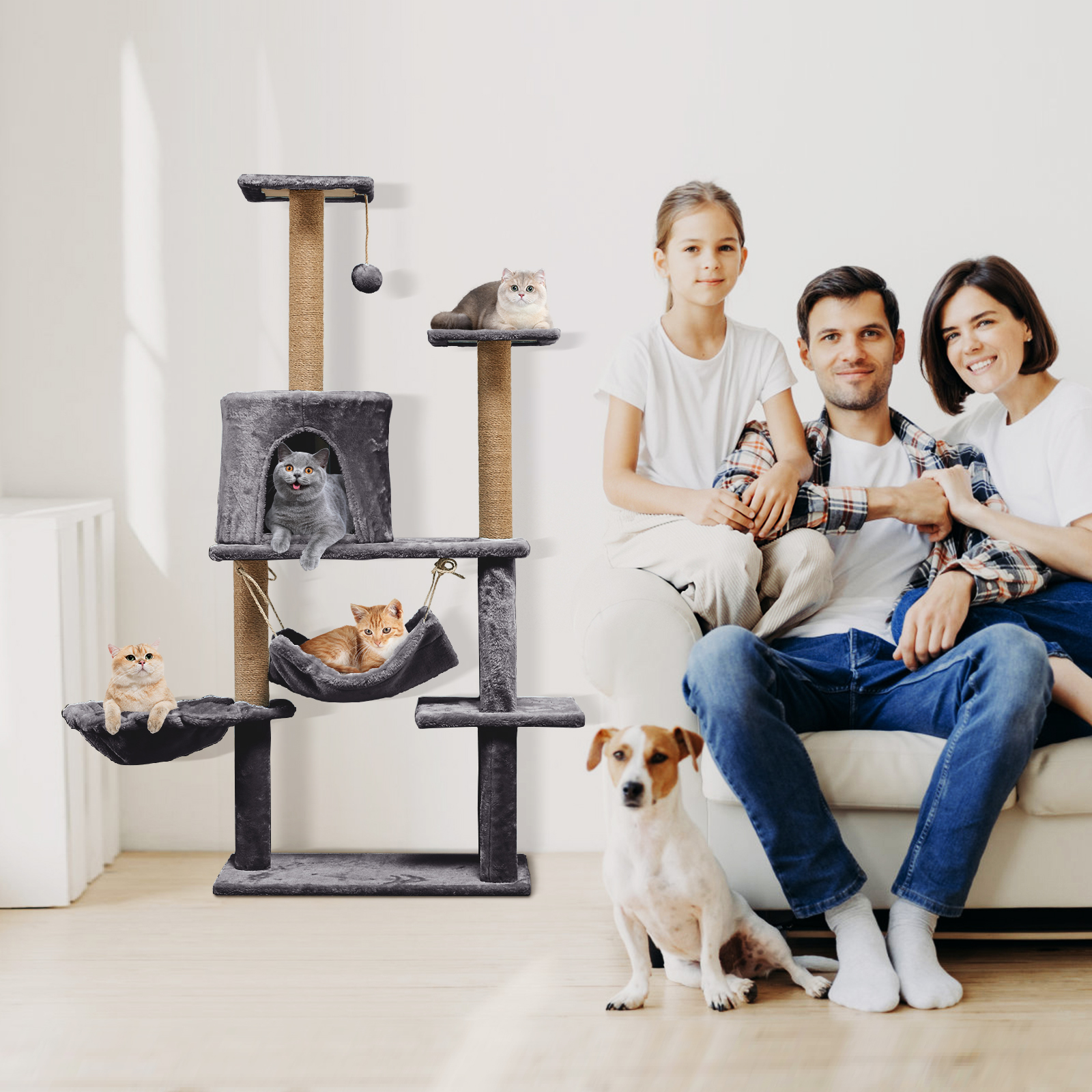 thumbnail video image 2 of ZephyPaws 52 inch Multi-Level Indoor Cat Tree Tower with Condo, Hammock, Perch and Sisal Posts, Gray, 2 of 8