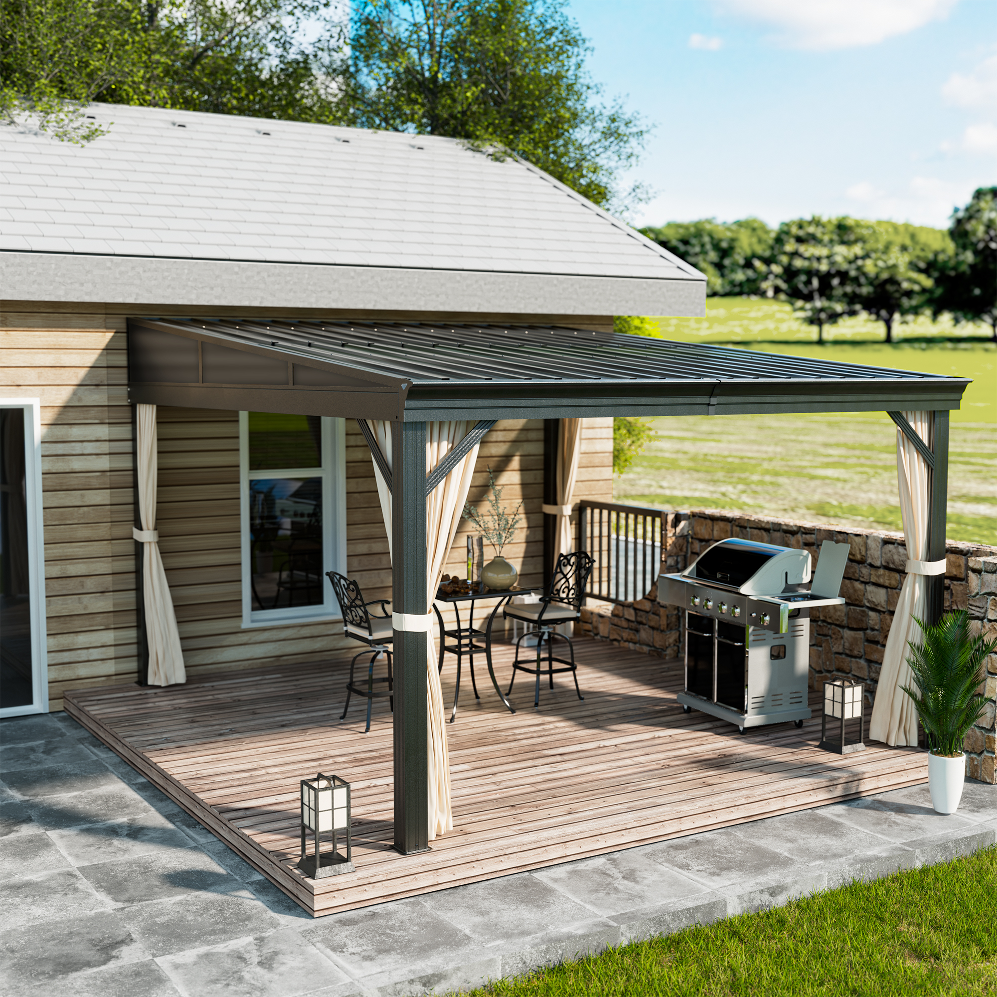 thumbnail video image 2 of Mondawe 12' x 14' Gazebo for Patio, Wall-Mounted Gazebo Pergola with Privacy Curtains and Nettings,Large Hard Top Lean to Pergola,Metal Awnings Gazebos for Deck, Porch, Backyard, 2 of 14