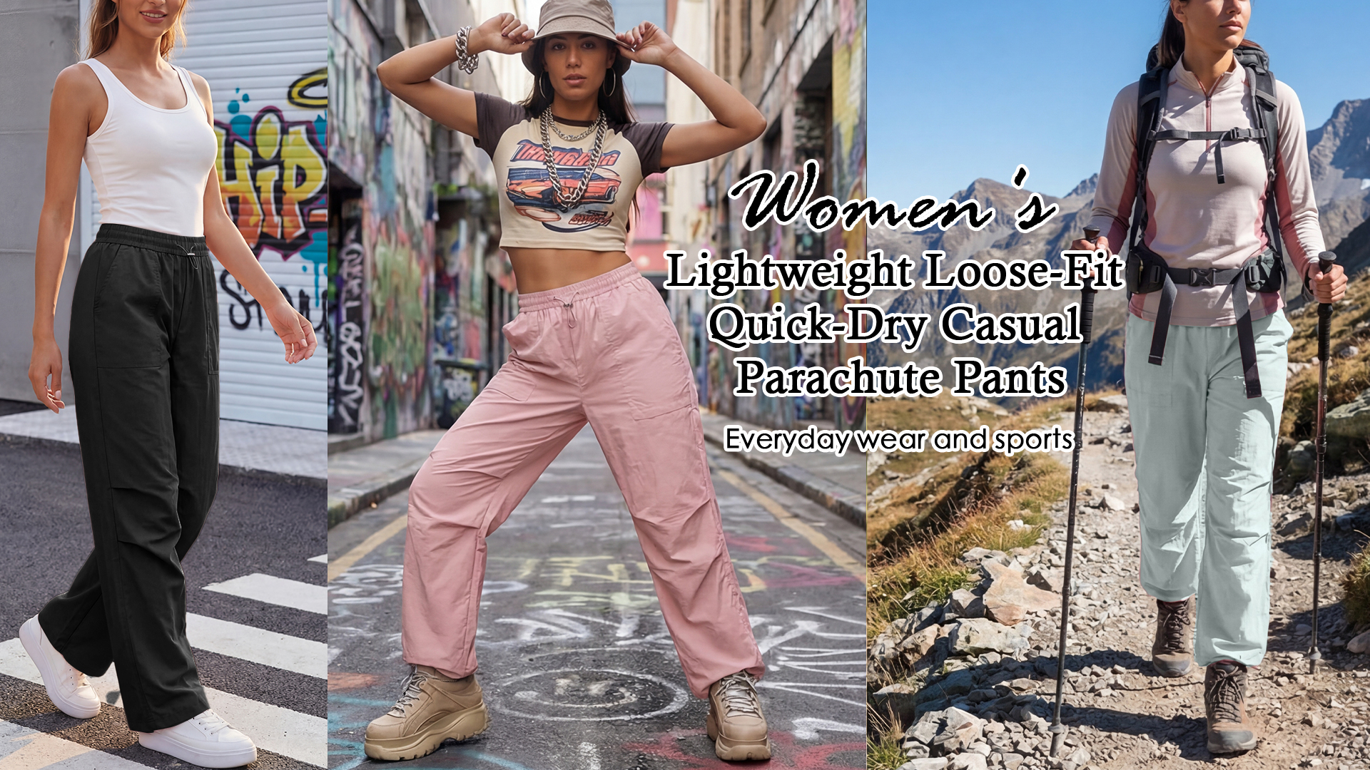 thumbnail video image 2 of FEOYA Cargo Pants for Women Quick Dry Ladies Parachute Pants Baggy Casual Joggers Y2K Summer Lightweight Sweatpants with Pockets L for Outdoor Travel, 2 of 7