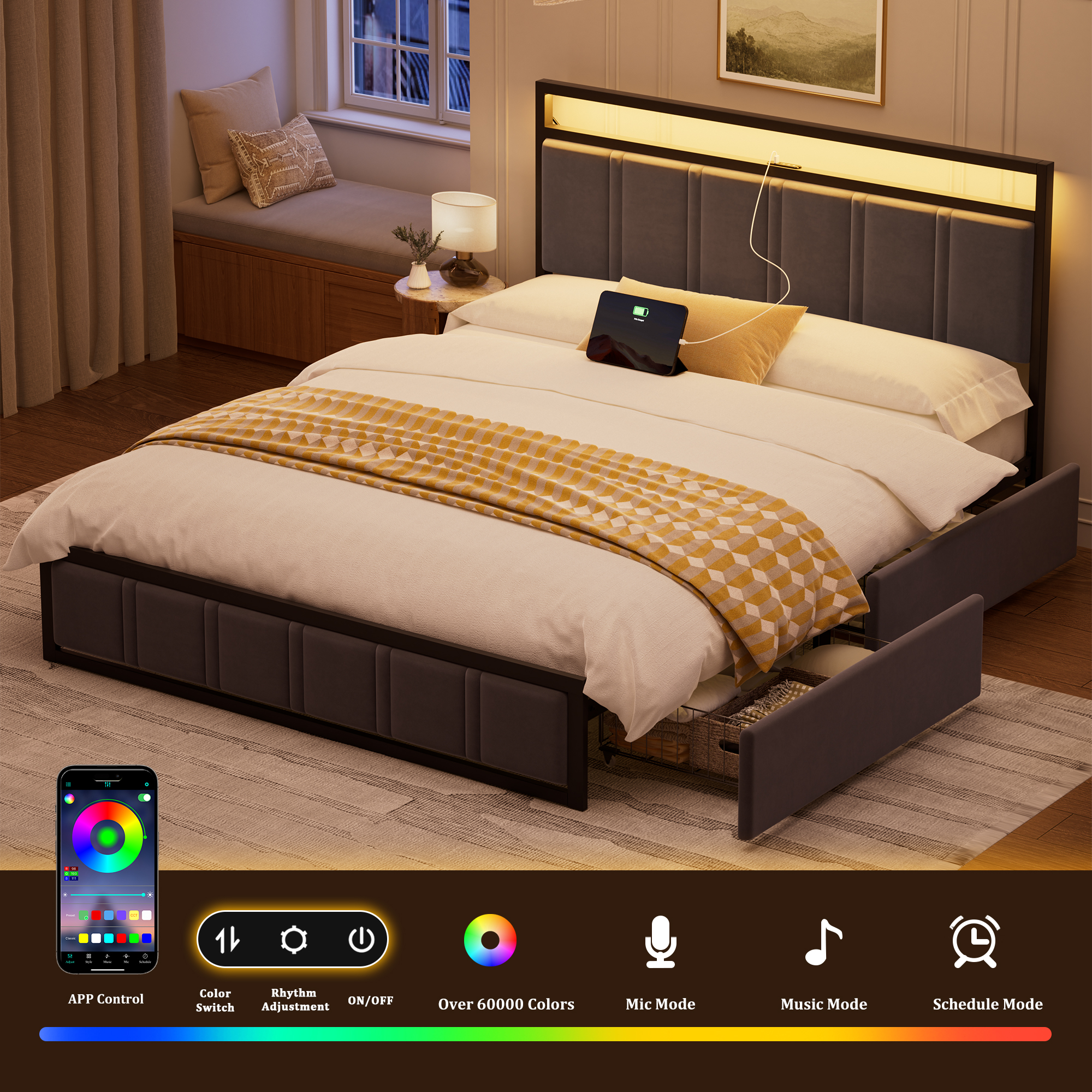 thumbnail video image 2 of GUNAITO King Bed Frame with Headboard, Platform Bed with 2 Drawers, Velvet Upholstered Bed Frame with LED Lights & Charging station，Dark Grey, 2 of 11