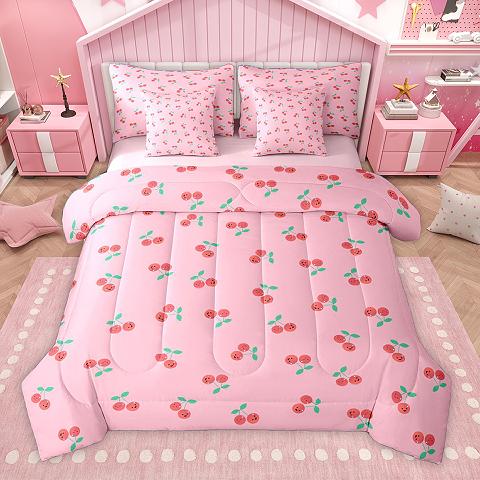 thumbnail video image 2 of Homewish Cartoon Strawberry 7 Pieces Bedding Comforter Set,Lovely Daisy Flower Full Bedding Set,Orange Red Fitted Sheet Flat Sheet For Girl Kids,Microfiber Bedroom Decor Reversible, 2 of 9