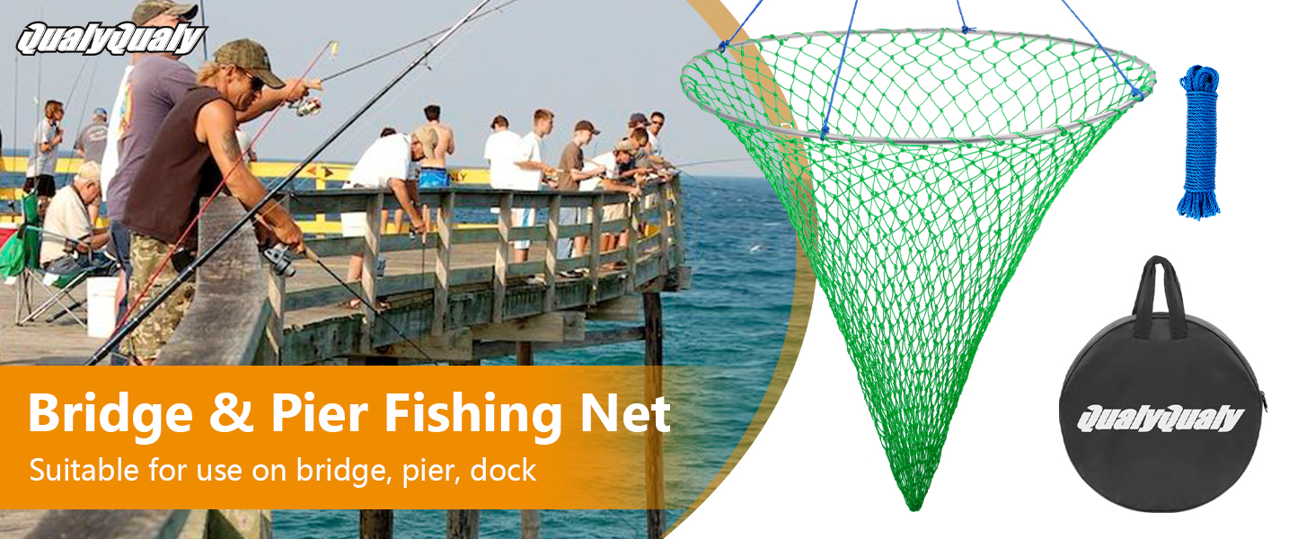 thumbnail video image 2 of QualyQualy Bridge and Pier Fishing Net with Foldable Drop Net,Steel Hoop and Nylon Mesh,Green, 2 of 8
