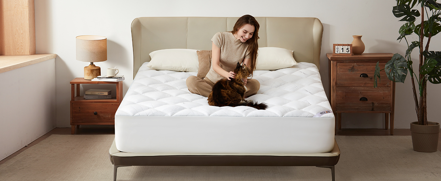 thumbnail video image 2 of BEDLORE Cal King Size Mattress Topper, Soft Pillow Top Mattress Pad for Back Pain Relief, Fluffy Breathable Mattress Cover with 6-18 Inches Deep Pocket, 2 of 10