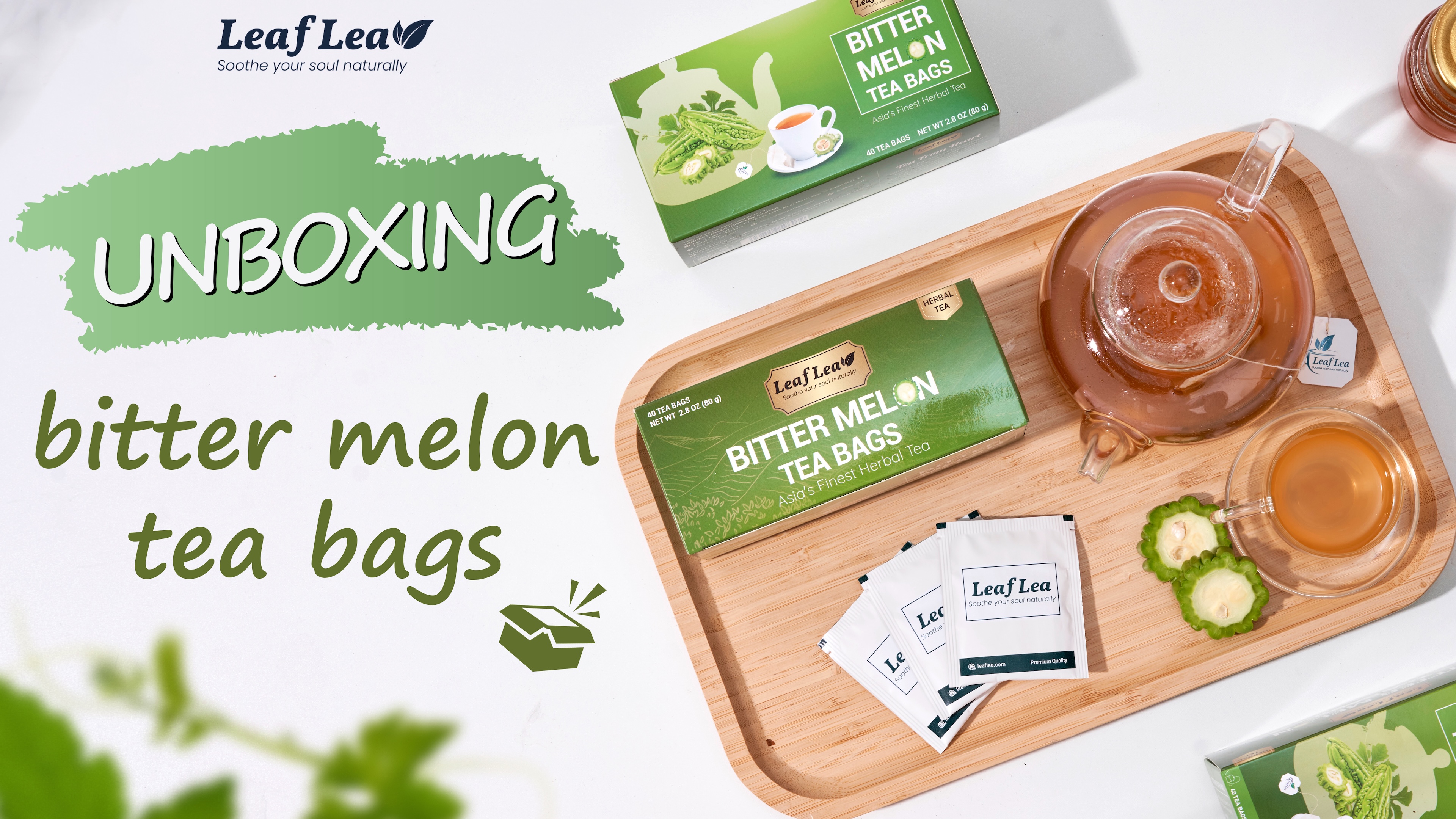 thumbnail video image 2 of LeafLea 40 Bitter Melon Tea Bags, Cundeamor Herbal Tea with Melon Amargo (Gohyah), Traditional Fruit Tea, Caffeine-Free, Sugar-Free, Non-GMO, Vegan, 2 of 17