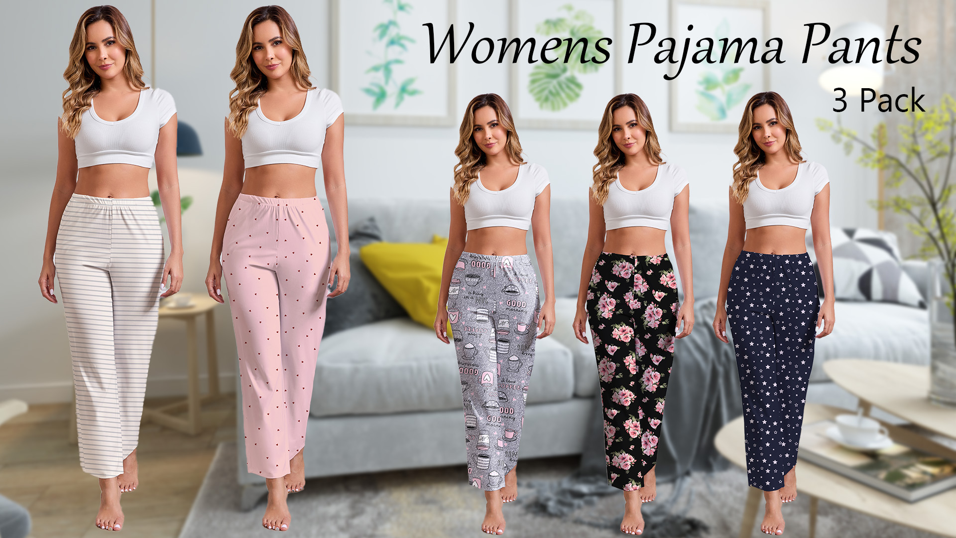 thumbnail video image 2 of PinkBeautiM Womens Pajama Pants with Pockets, Soft Stretch Lounge Pants 3 Pack, Sizes M-XXXL, 2 of 7