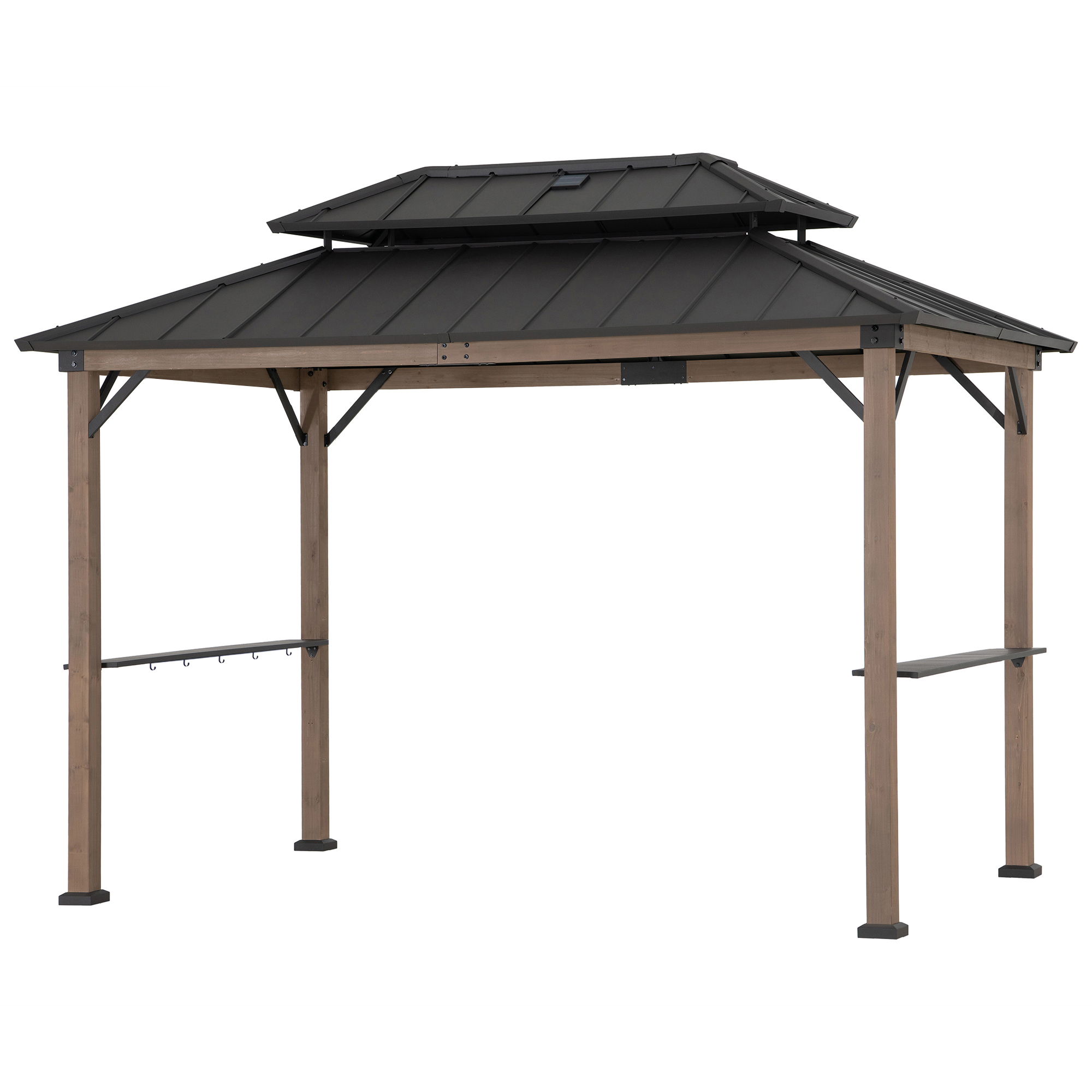 thumbnail video image 2 of Sunjoy 8ft. x 12 ft. Wooden Cedar Framed Grill Gazebo with DC Solar Power - Brown, 2 of 10