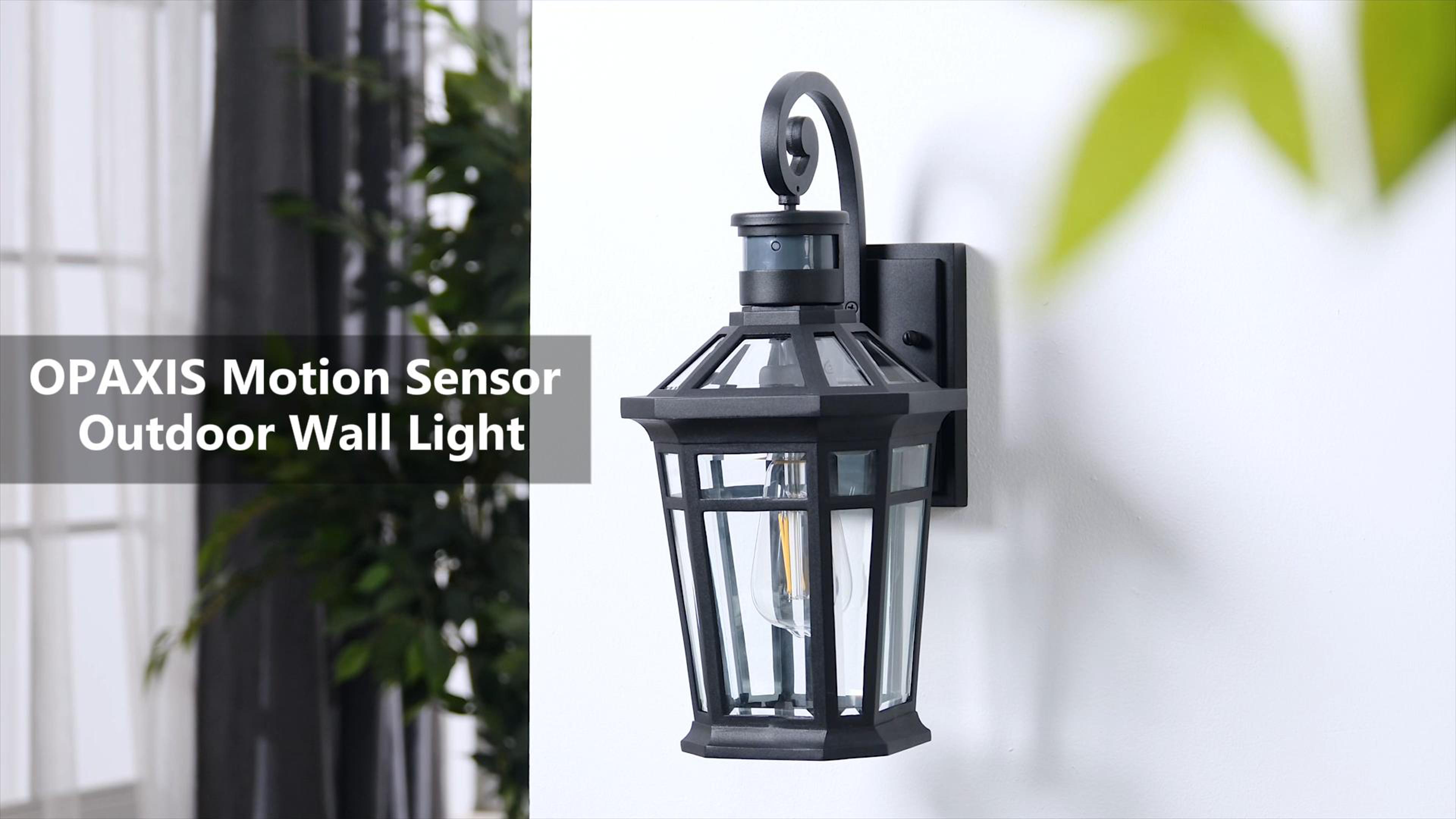 thumbnail video image 2 of OPAXIS Motion Sensor Outdoor Wall Lights, Black Dusk to Dawn Porch Light Wall Mount, Exterior Lighting Fixtures, Outdoor Wall Sconce Lantern with Adjustable Sensor Range for Garage Patio, 2 of 10