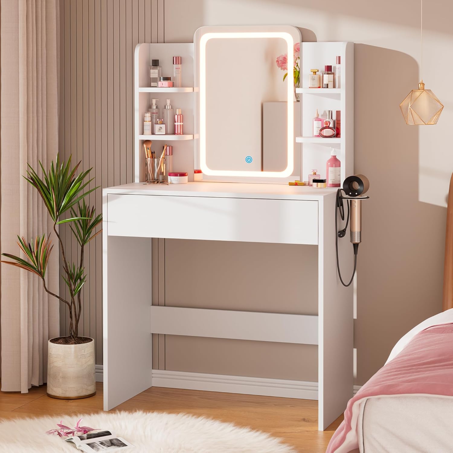 thumbnail video image 2 of Modern Small  Vanity Desk with Adjustable LED Lights & Storage Shelves – Elegant Makeup Dressing Table for Bedroom Dressing Room (White), 2 of 8