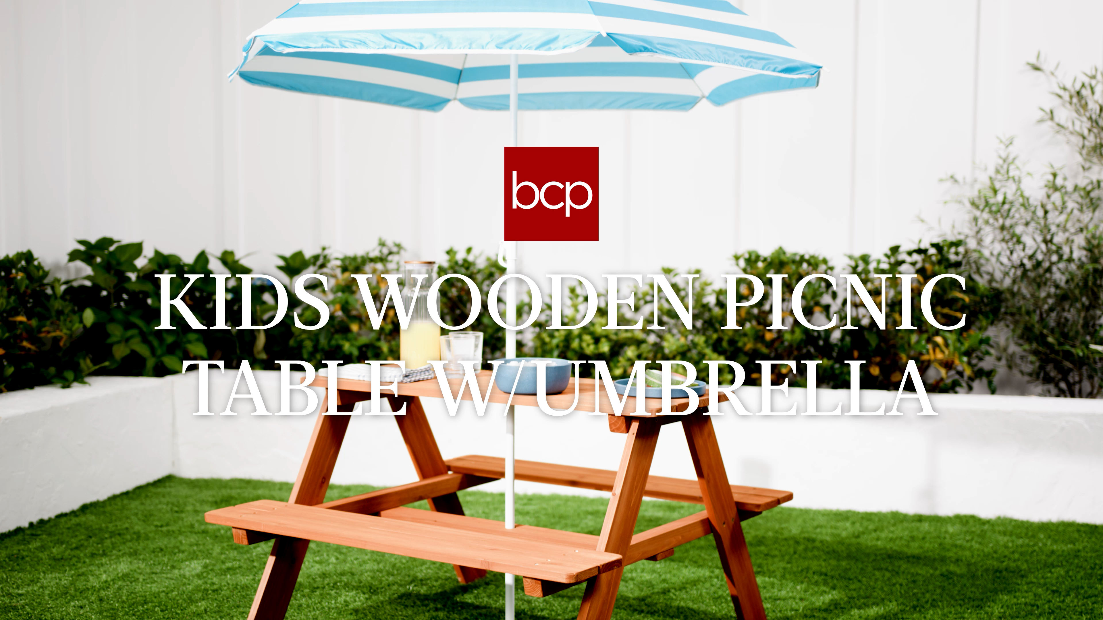 thumbnail video image 2 of Best Choice Products Outdoor Wooden Kids Picnic Table with Umbrella, Activity Table, 220 lb Capacity - Golden Brown/Aqua, 2 of 8